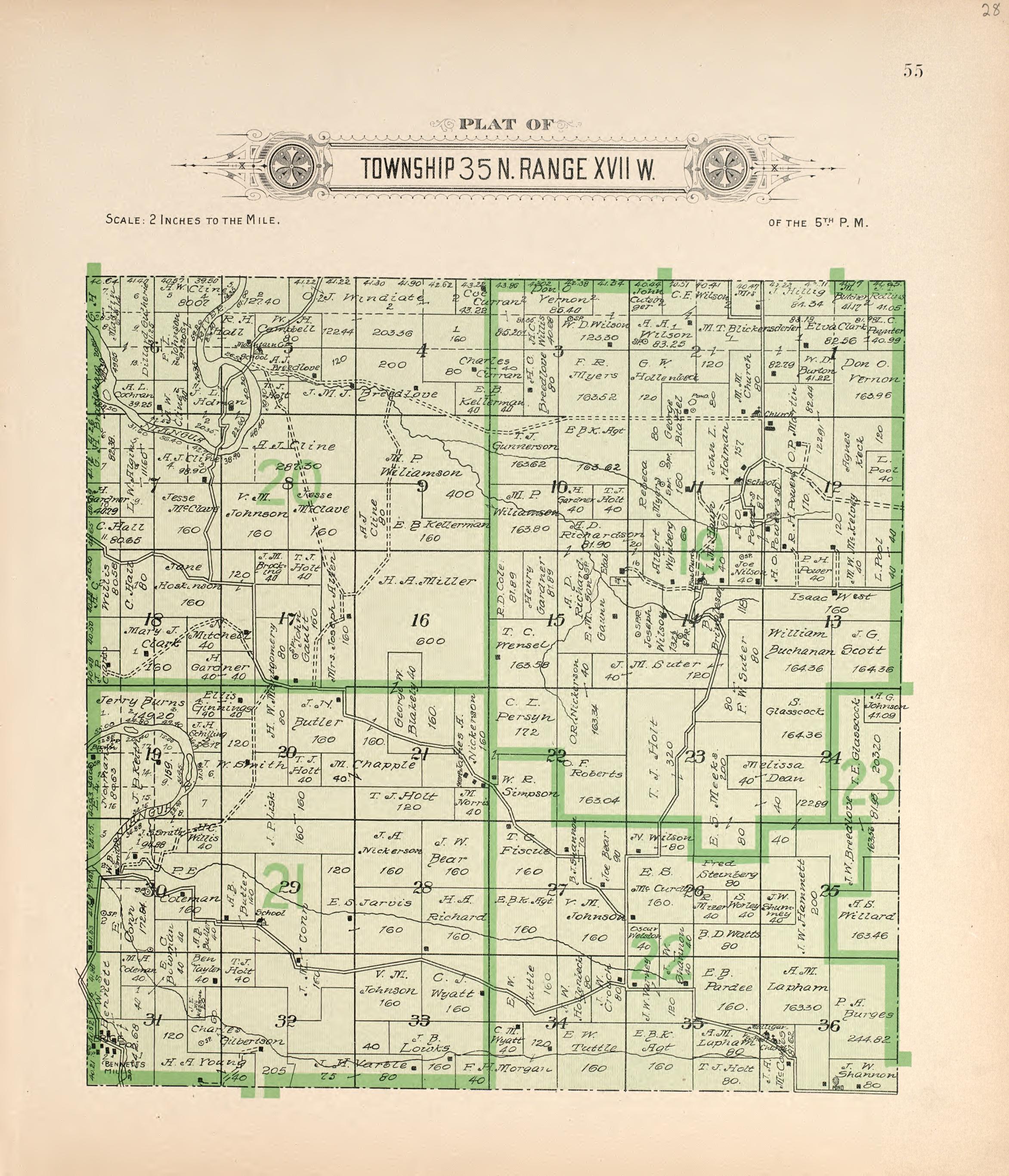 Township 35 N Range XVII W from Plat Book of La Clede County, Missouri : Containing Maps of Villages, Cities and Townships of the County, and of the State, United States and World : Also Portraits of Representative Citizens, … 1912 by Relic Map Company