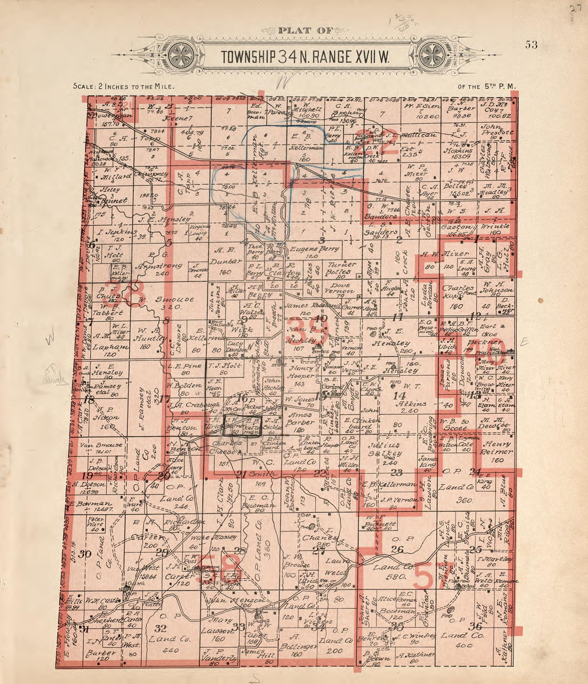 Township 34 N Range XVII W from Plat Book of La Clede County, Missouri : Containing Maps of Villages, Cities and Townships of the County, and of the State, United States and World : Also Portraits of Representative Citizens, … 1912 by Relic Map Company