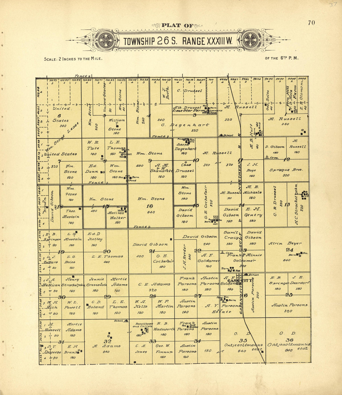 Plat of Township 26 S. Range XXXIII W. from Plat Book of Finney County, Kansas : Containing Maps of Villages, Cities and Townships of the County, and of the State, United States and World : Also Portraits of Representative Citizens, Old … 1911 by Relic Map Company