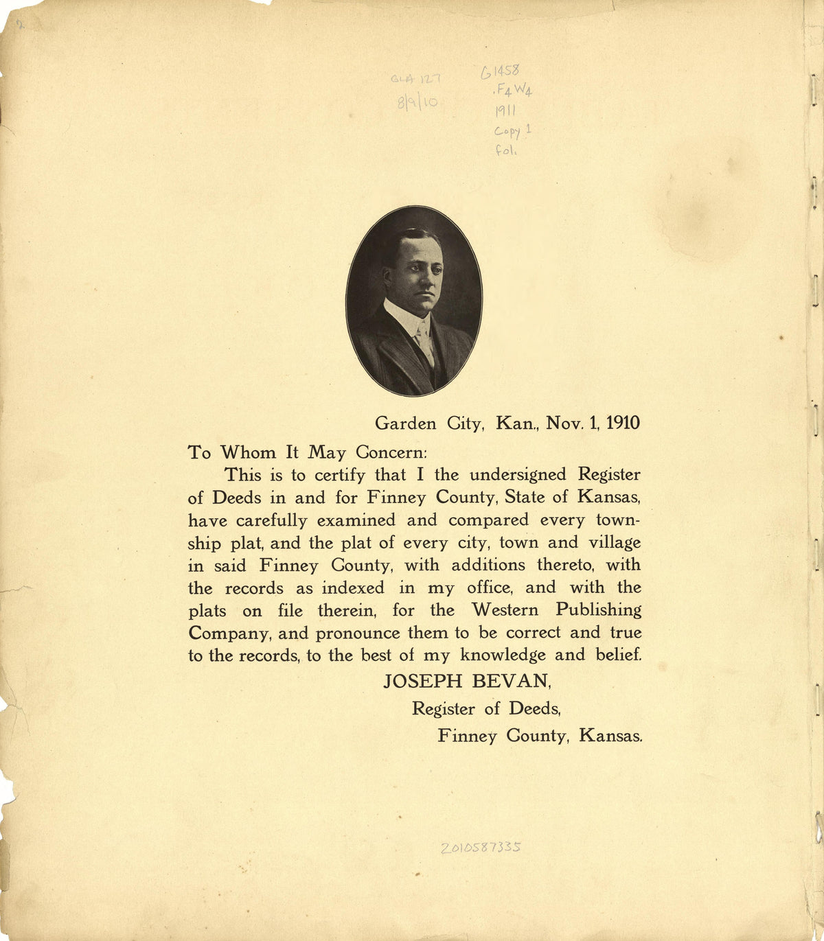 Letter of Joseph Bevan from Plat Book of Finney County, Kansas : Containing Maps of Villages, Cities and Townships of the County, and of the State, United States and World : Also Portraits of Representative Citizens, Old … 1911 by Relic Map Company