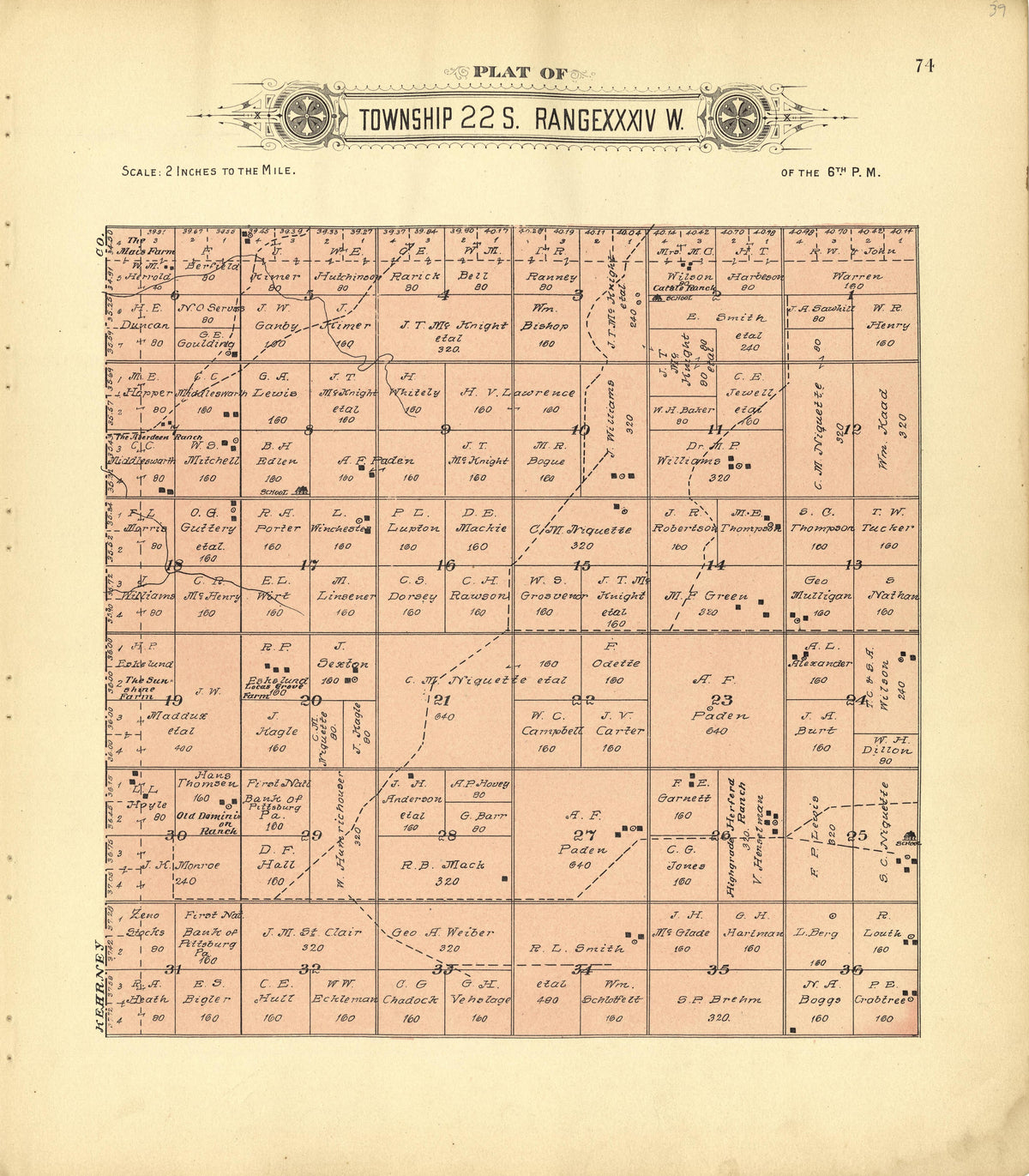 Plat of Township 22 S. Range XXXIV W. from Plat Book of Finney County, Kansas : Containing Maps of Villages, Cities and Townships of the County, and of the State, United States and World : Also Portraits of Representative Citizens, Old … 1911 by Relic Map Company