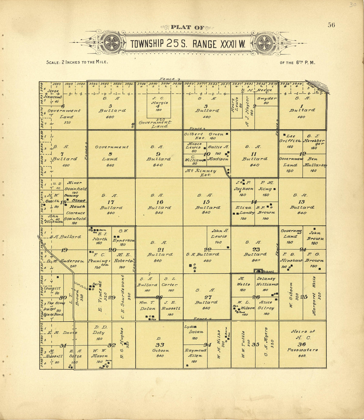 Plat of Township 25 S. Range XXXII W. from Plat Book of Finney County, Kansas : Containing Maps of Villages, Cities and Townships of the County, and of the State, United States and World : Also Portraits of Representative Citizens, Old … 1911 by Relic Map Company