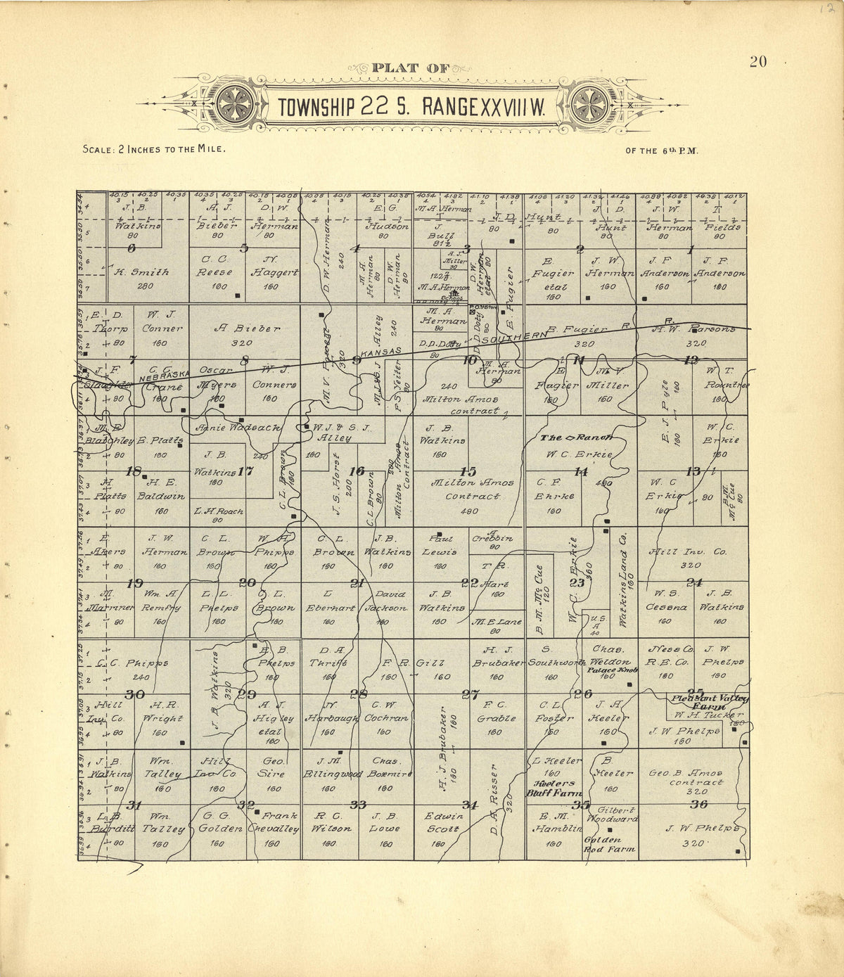 Plat of Township 22 S. Range XXVIII W. from Plat Book of Finney County, Kansas : Containing Maps of Villages, Cities and Townships of the County, and of the State, United States and World : Also Portraits of Representative Citizens, Old … 1911 by Relic Map Company