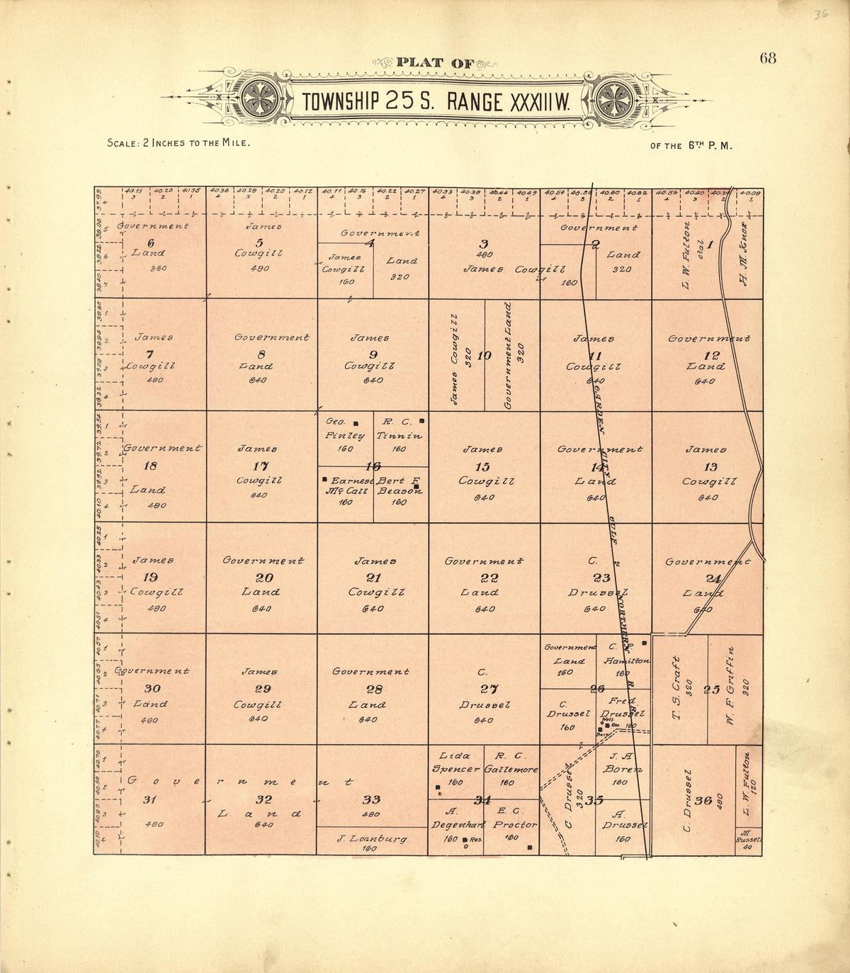 Plat of Township 25 S. Range XXXIII W. from Plat Book of Finney County, Kansas : Containing Maps of Villages, Cities and Townships of the County, and of the State, United States and World : Also Portraits of Representative Citizens, Old … 1911 by Relic Map Company