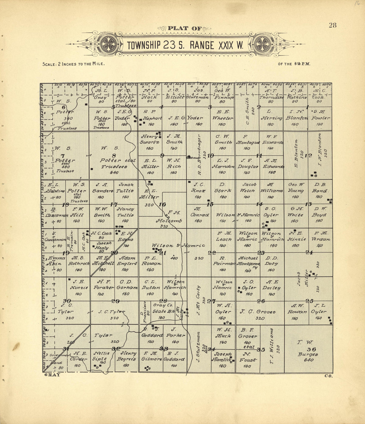 Plat of Township 23 S. Range XXIX W. from Plat Book of Finney County, Kansas : Containing Maps of Villages, Cities and Townships of the County, and of the State, United States and World : Also Portraits of Representative Citizens, Old … 1911 by Relic Map Company