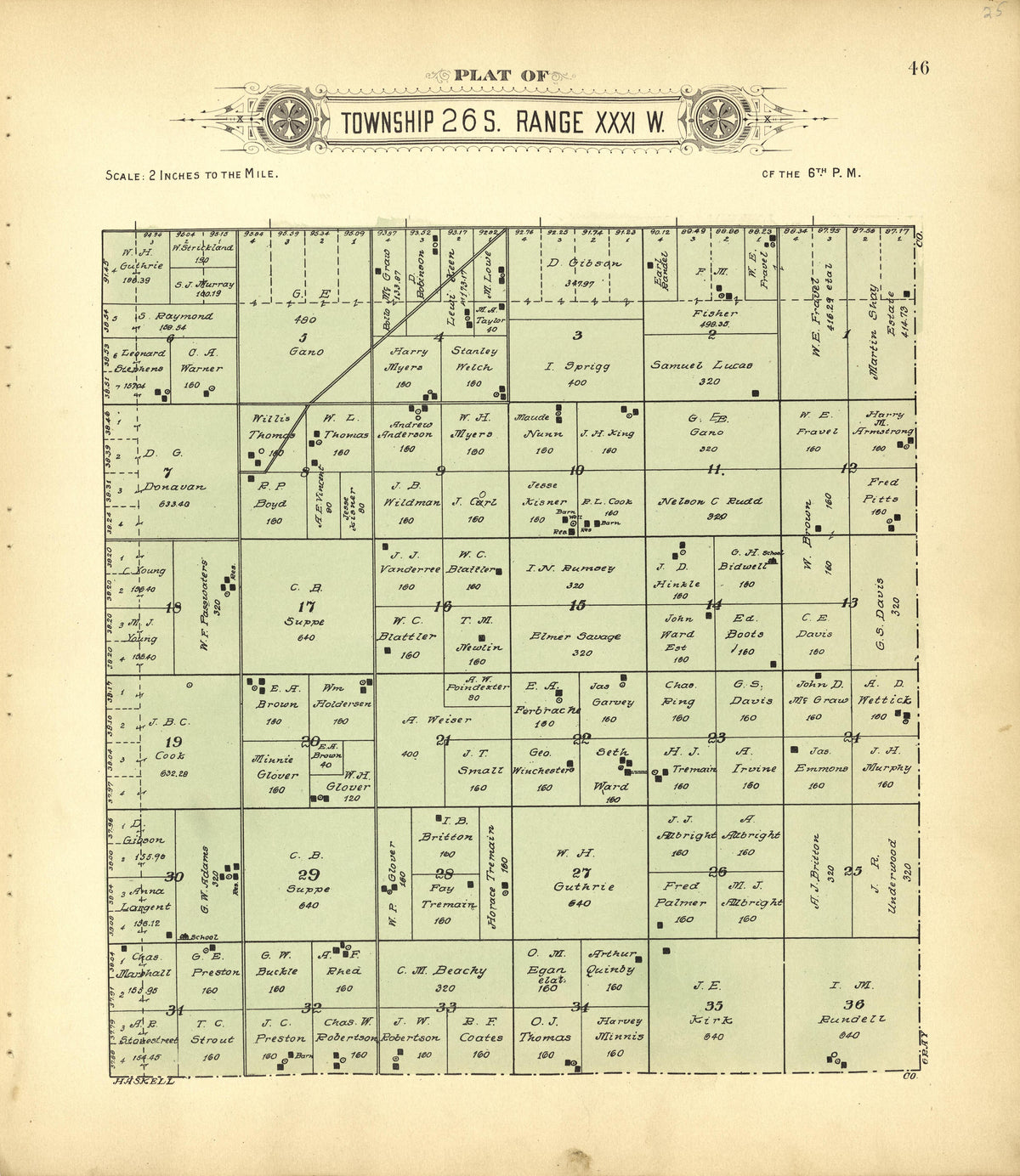 Plat of Township 26 S. Range XXXI W. from Plat Book of Finney County, Kansas : Containing Maps of Villages, Cities and Townships of the County, and of the State, United States and World : Also Portraits of Representative Citizens, Old … 1911 by Relic Map Company