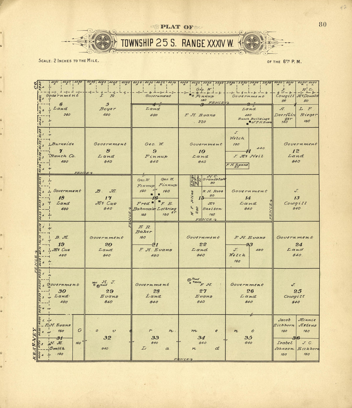 Plat of Township 25 S. Range XXXIV W. from Plat Book of Finney County, Kansas : Containing Maps of Villages, Cities and Townships of the County, and of the State, United States and World : Also Portraits of Representative Citizens, Old … 1911 by Relic Map Company
