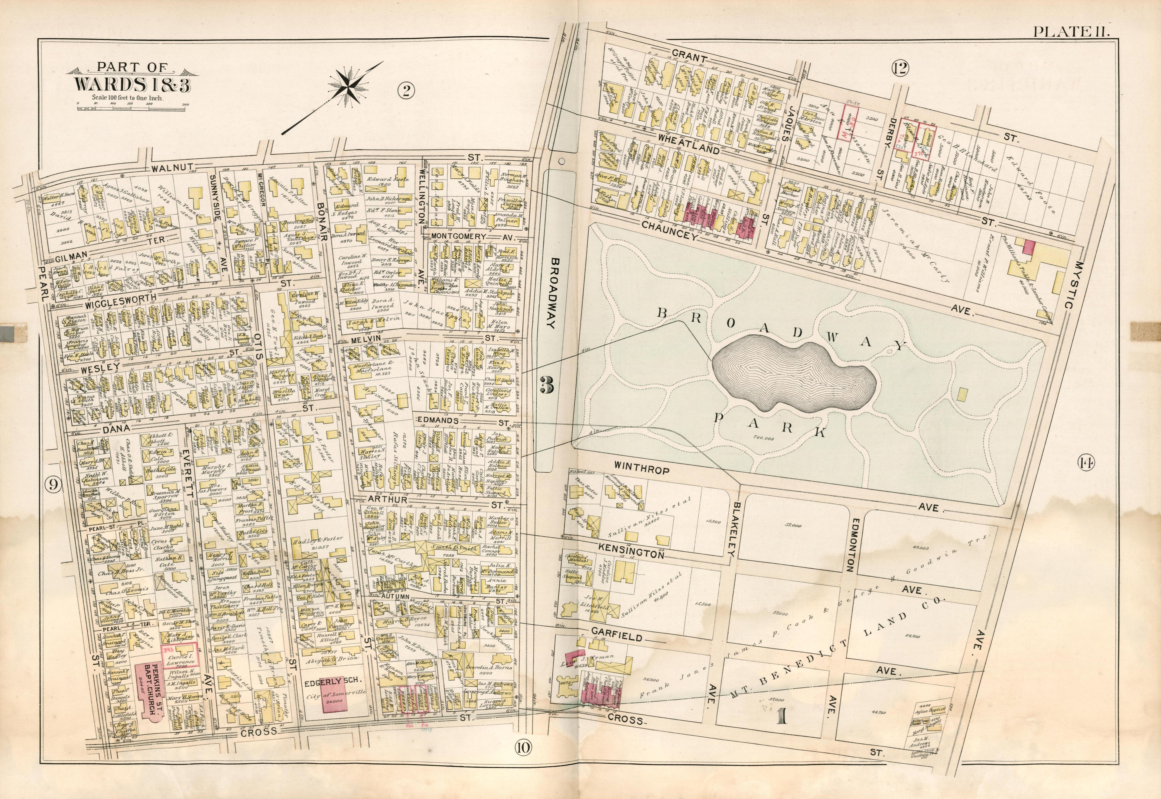 Part Wards 1 & 3 - Plate 11 from Atlas of the City of Somerville, Massachusetts : from Actual Surveys and Official Plans 1895 by Relic Map Company