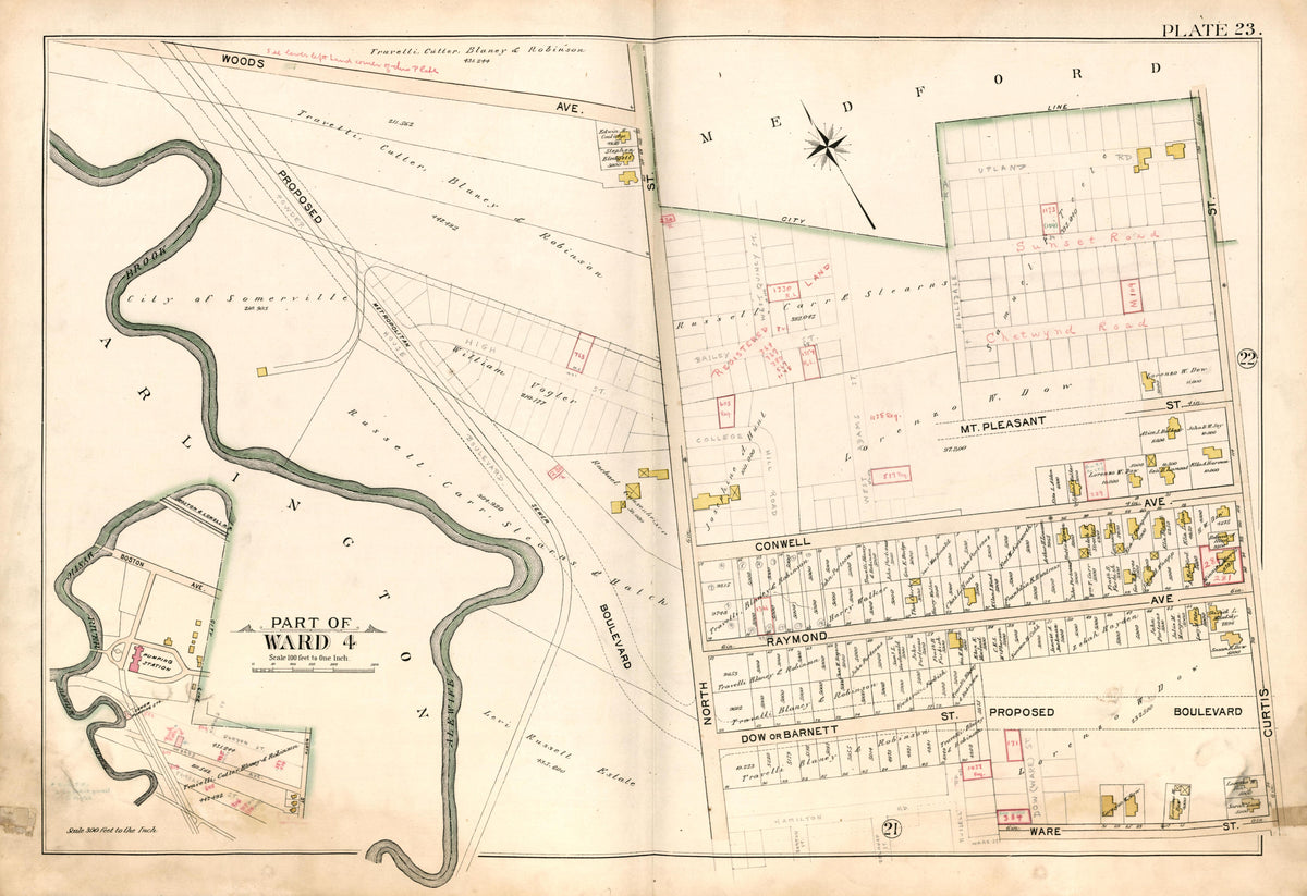 Part of Ward 4 - Plate 23 from Atlas of the City of Somerville, Massachusetts : from Actual Surveys and Official Plans 1895 by Relic Map Company