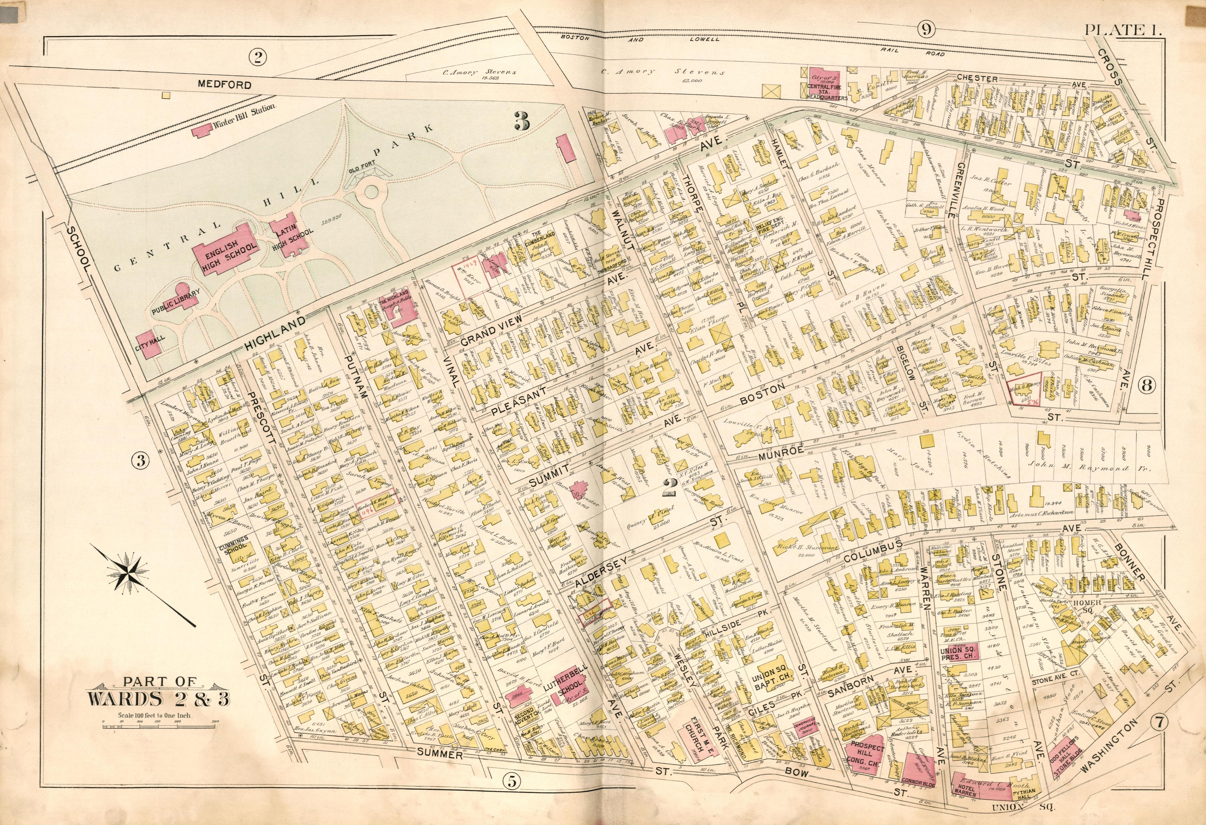 Part of Wards 2 & 3 - Plate 1 from Atlas of the City of Somerville, Massachusetts : from Actual Surveys and Official Plans 1895 by Relic Map Company