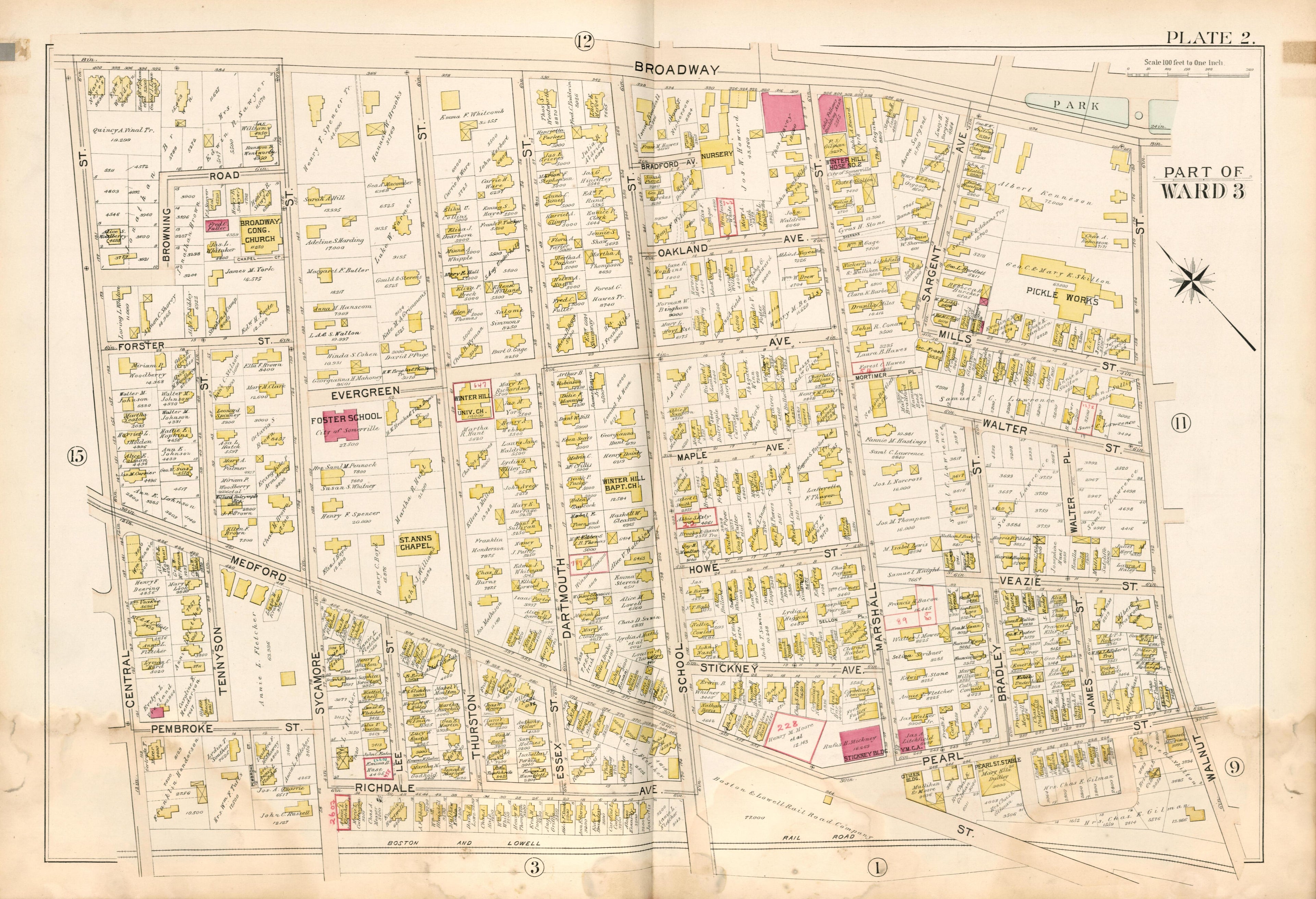 Part of Ward 3 - Plate 2 from Atlas of the City of Somerville, Massachusetts : from Actual Surveys and Official Plans 1895 by Relic Map Company