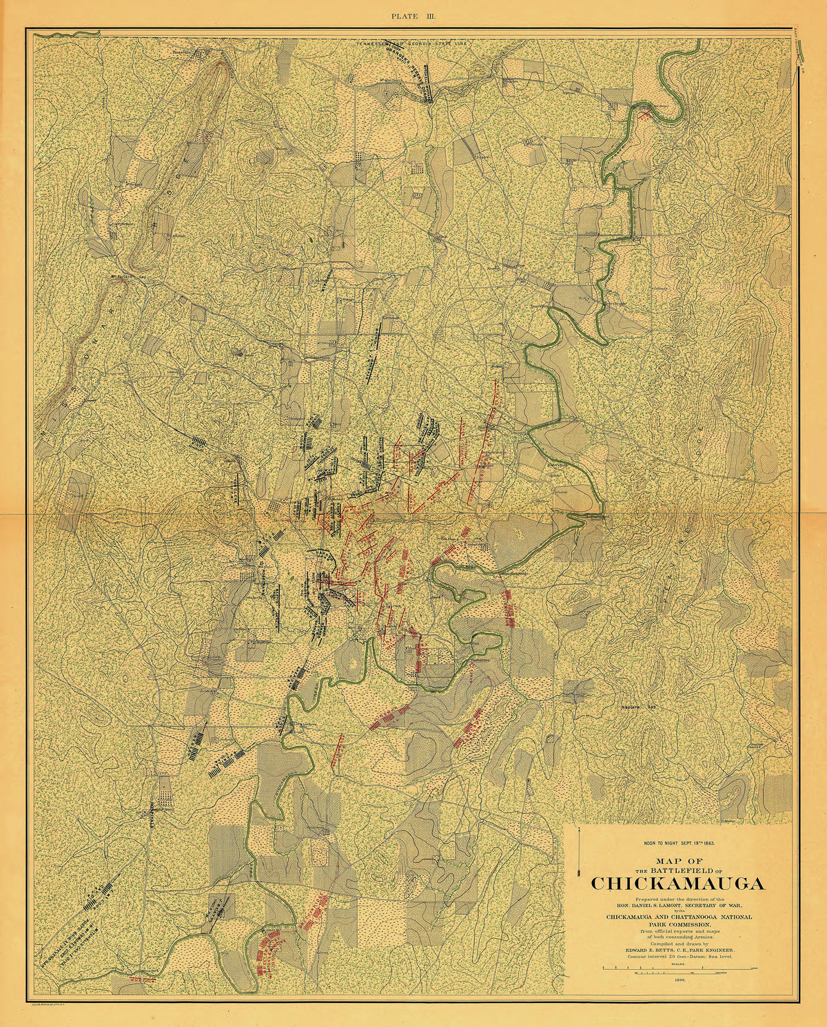 Map of the Battlefield of Chickmauga. Noon to Night Sept. 19, 1863 from Atlas of the Battlefields of Chickamauga, Chattanooga and Vicinity 1896 by Relic Map Company