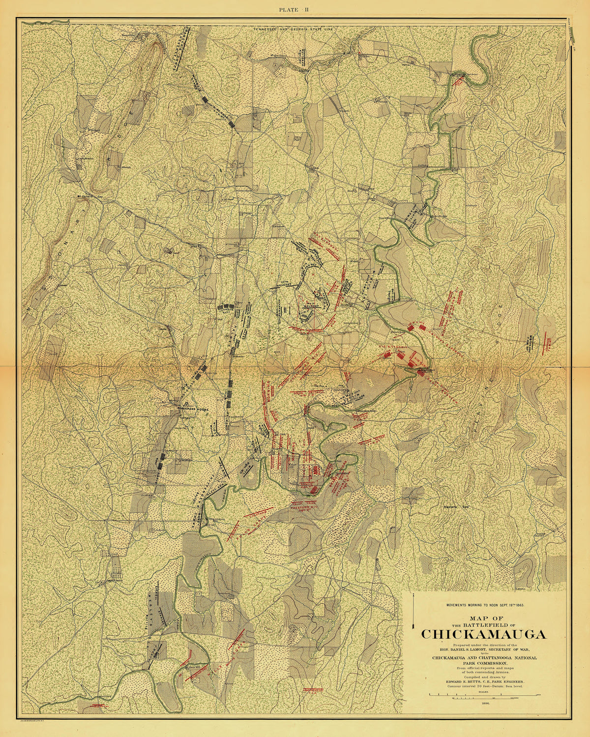 Map of the Battlefield of Chickmauga Movements Morning to Noon, Sept. 19, 1863 from Atlas of the Battlefields of Chickamauga, Chattanooga and Vicinity 1896 by Relic Map Company