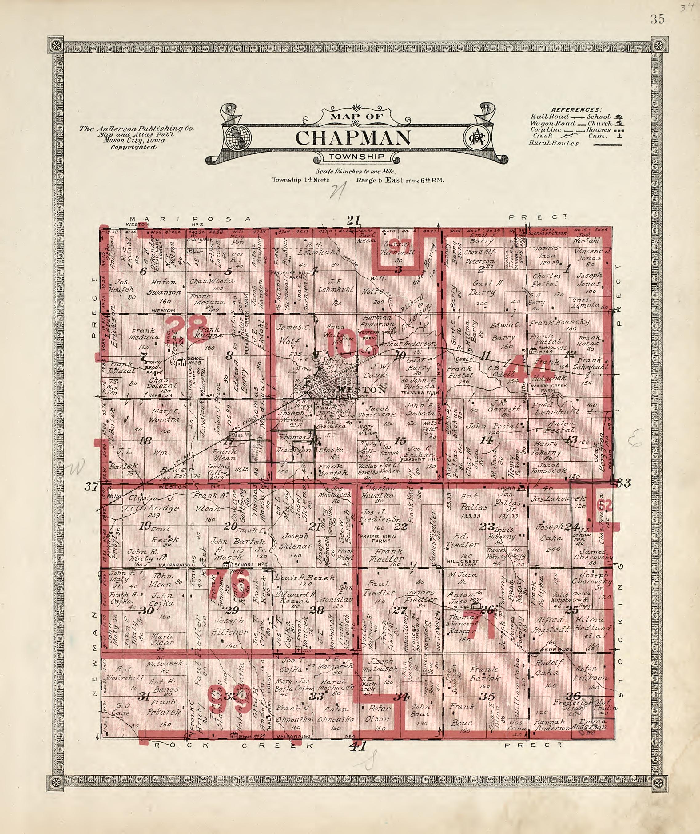 Map of Chapman Township from Atlas of Saunders County, Nebraska : Containing Maps of Townships of the County, Maps of State, United States and World, Farmers Directory, Analysis of the System of U.S. Land Surveys 1916 by Relic Map Company