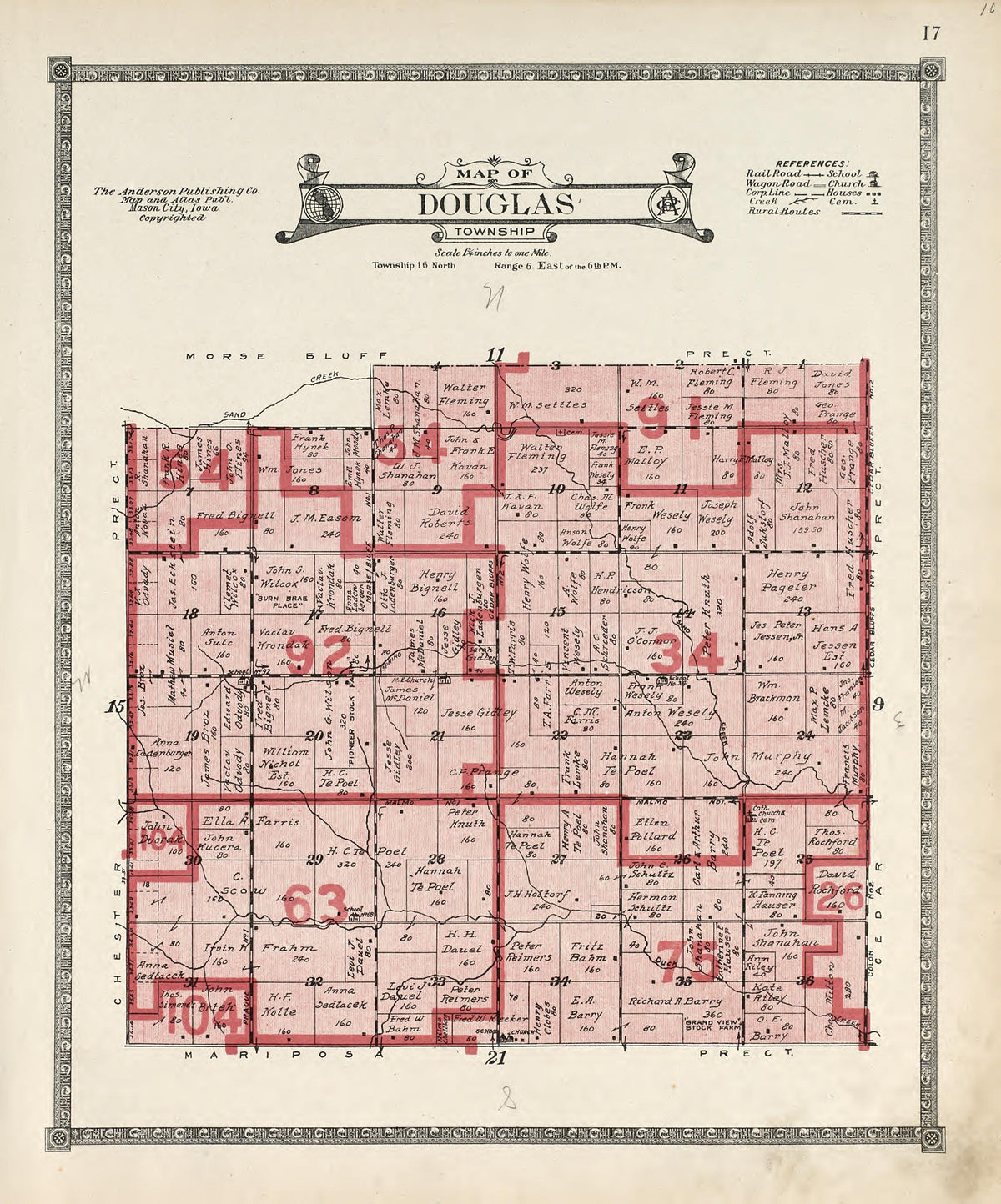Map of Douglas Township from Atlas of Saunders County, Nebraska : Containing Maps of Townships of the County, Maps of State, United States and World, Farmers Directory, Analysis of the System of U.S. Land Surveys 1916 by Relic Map Company