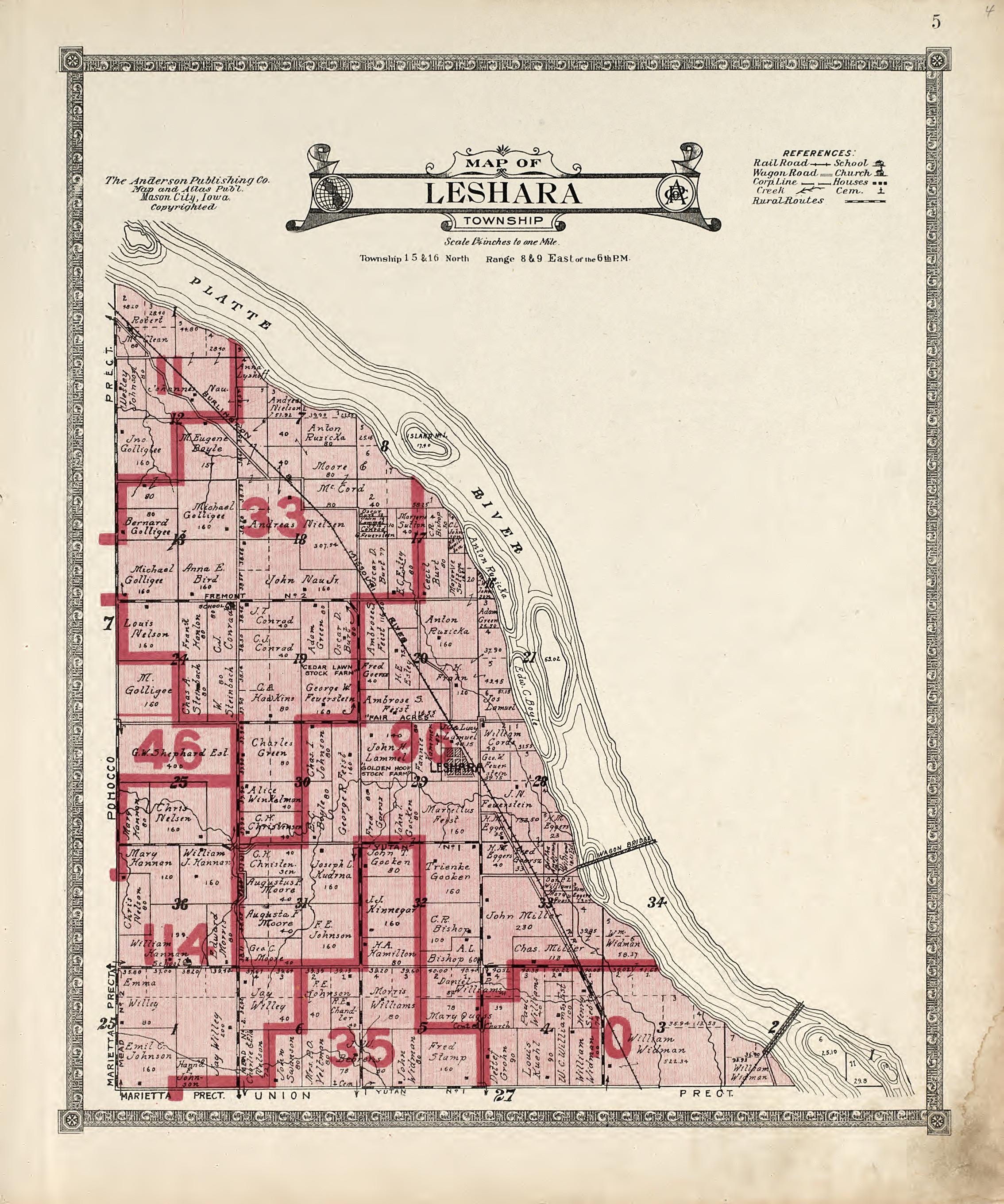 Map of Leshara Township from Atlas of Saunders County, Nebraska : Containing Maps of Townships of the County, Maps of State, United States and World, Farmers Directory, Analysis of the System of U.S. Land Surveys 1916 by Relic Map Company