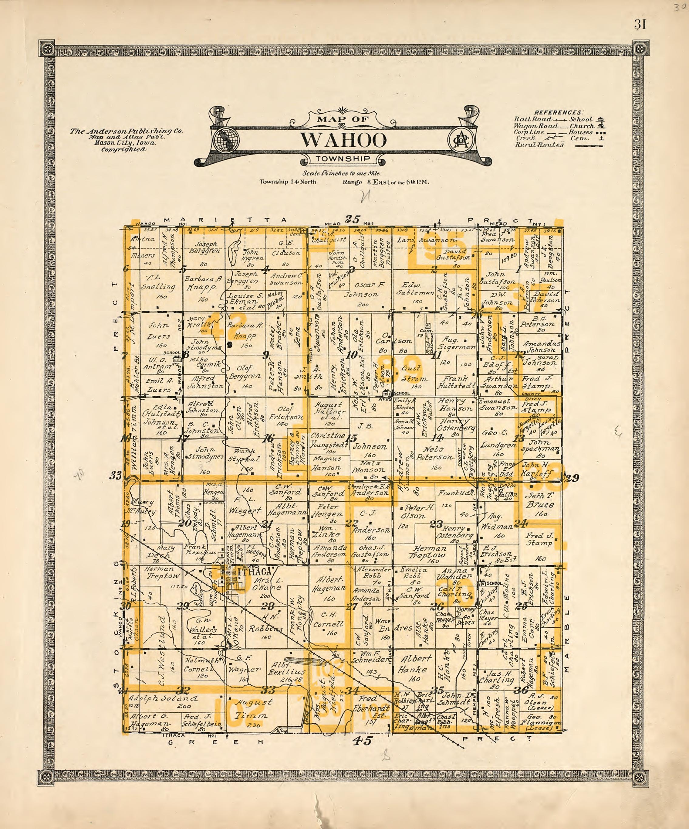 Map of Wahoo Township from Atlas of Saunders County, Nebraska : Containing Maps of Townships of the County, Maps of State, United States and World, Farmers Directory, Analysis of the System of U.S. Land Surveys 1916 by Relic Map Company