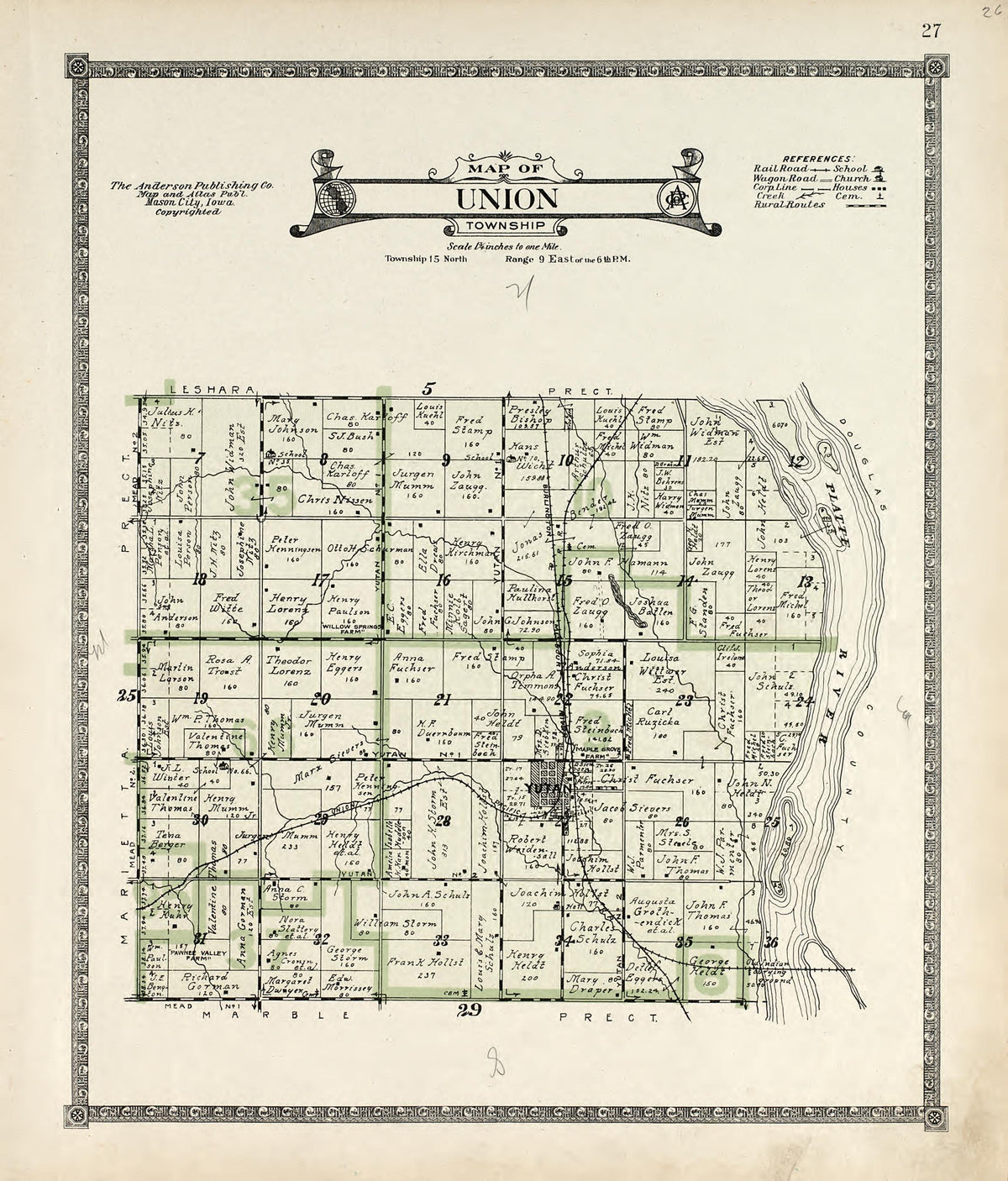 Map of Union Township from Atlas of Saunders County, Nebraska : Containing Maps of Townships of the County, Maps of State, United States and World, Farmers Directory, Analysis of the System of U.S. Land Surveys 1916 by Relic Map Company