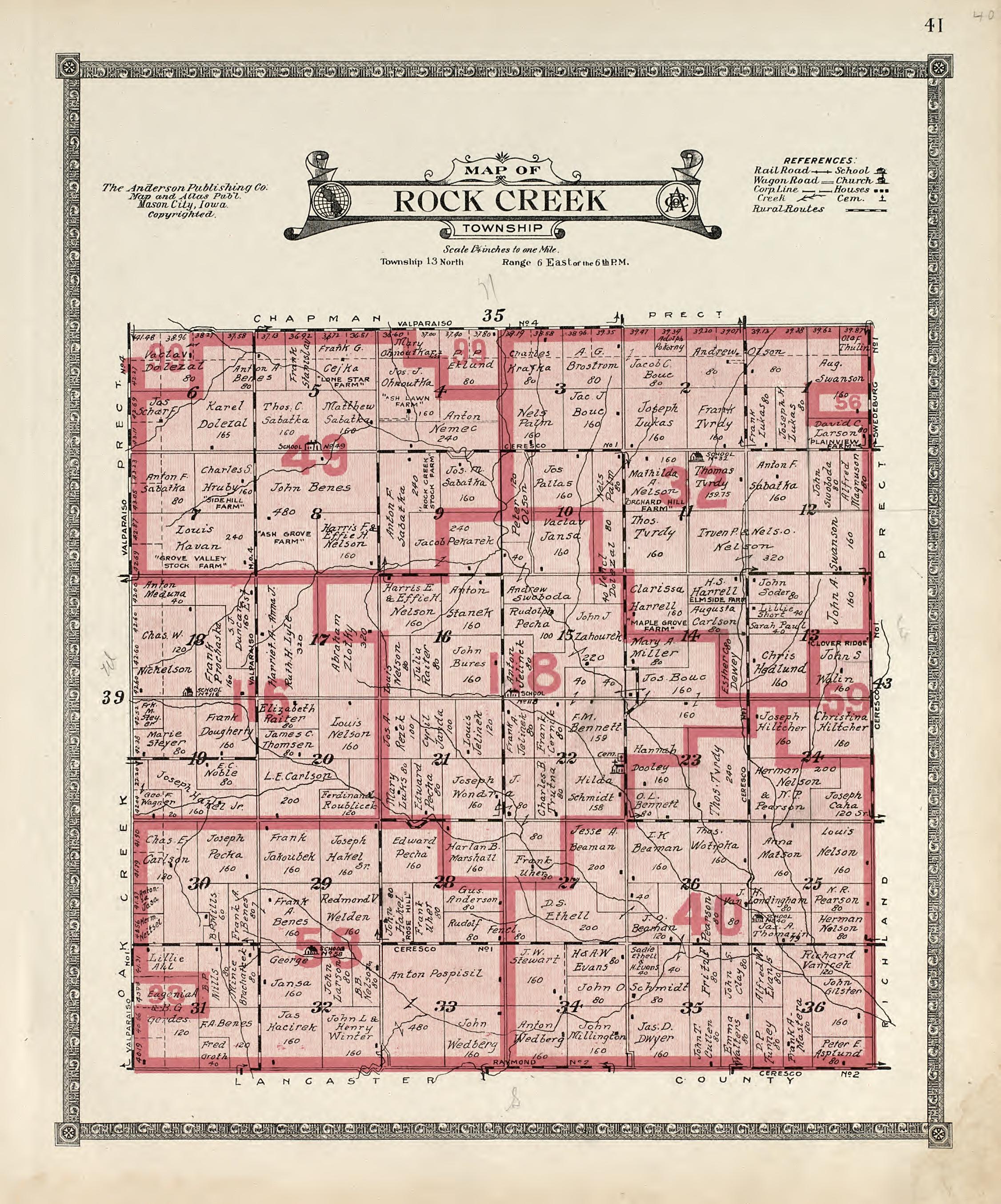 Map of Rock Creek Township from Atlas of Saunders County, Nebraska : Containing Maps of Townships of the County, Maps of State, United States and World, Farmers Directory, Analysis of the System of U.S. Land Surveys 1916 by Relic Map Company