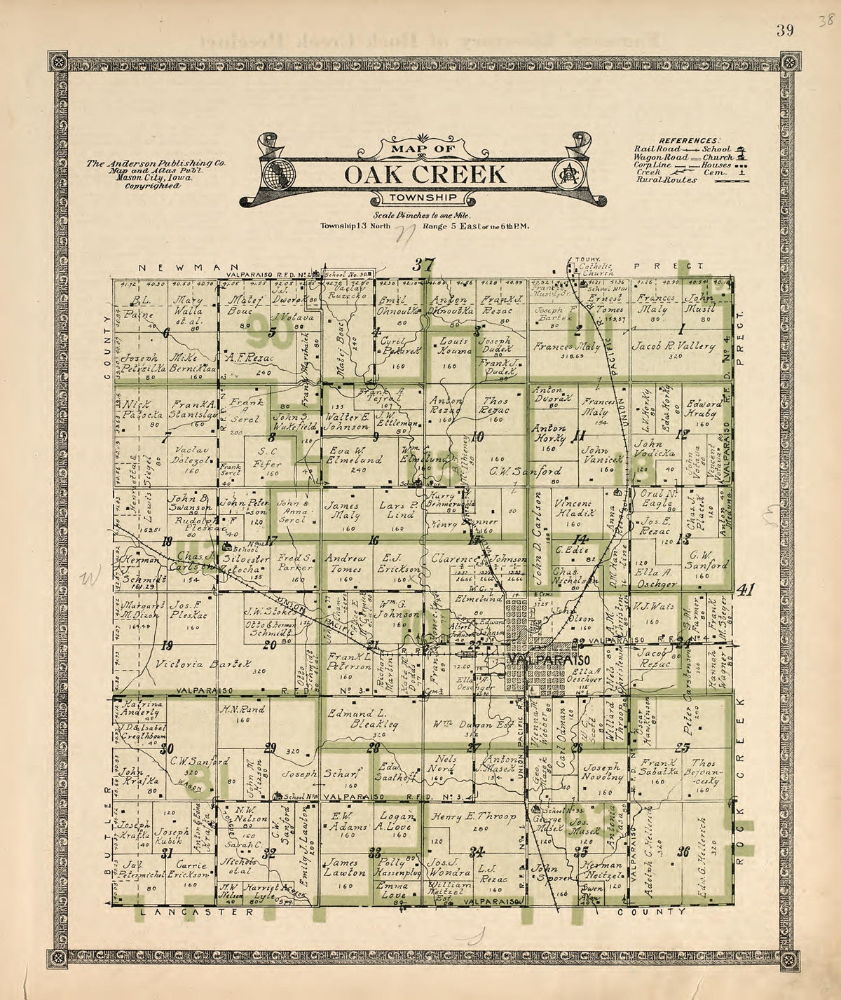 Map of Oak Creek Township from Atlas of Saunders County, Nebraska : Containing Maps of Townships of the County, Maps of State, United States and World, Farmers Directory, Analysis of the System of U.S. Land Surveys 1916 by Relic Map Company