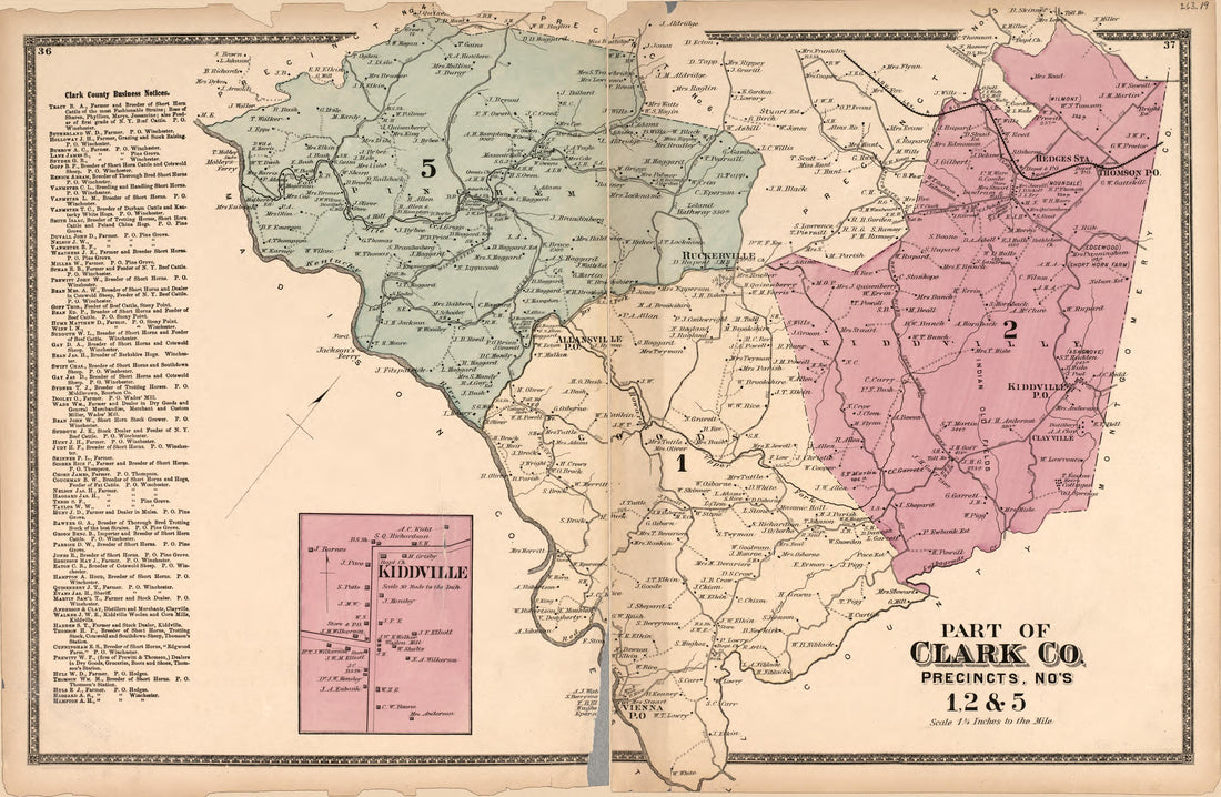 This old map of Bourbon County, Clark County, Clarkcounty, Fayette County, Jessamine County, Kentucky, , Woodford County was created by D.G. Beers & Co in 1877