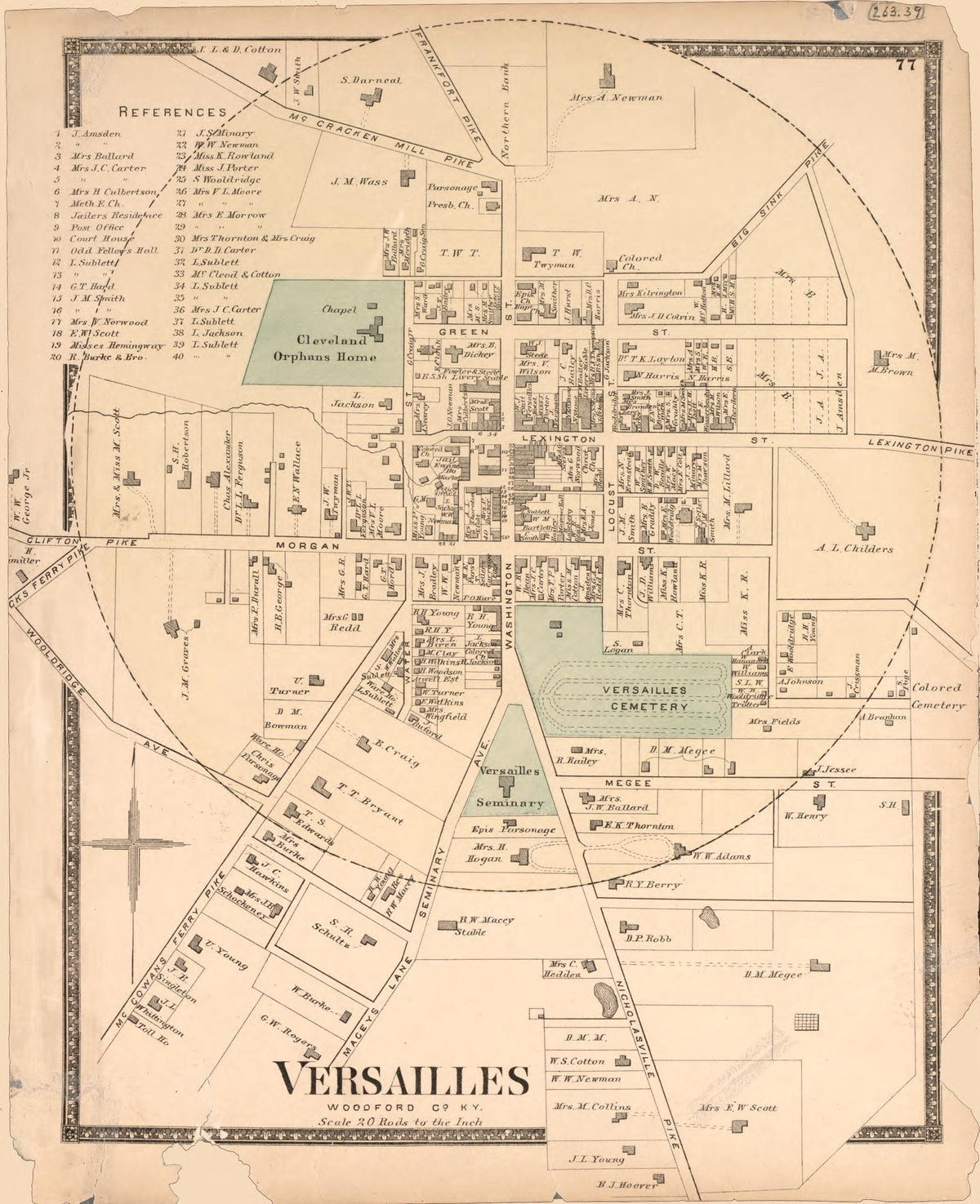 Versailles, Woodford County from Atlas of Bourbon, Clark, Fayette, Jessamine and Woodford Counties, Ky 1877 by Relic Map Company