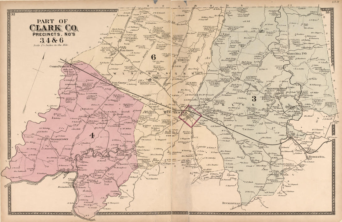 This old map of Bourbon County, Clark County, Clarkcounty, Fayette County, Jessamine County, Kentucky, , Woodford County was created by D.G. Beers & Co in 1877
