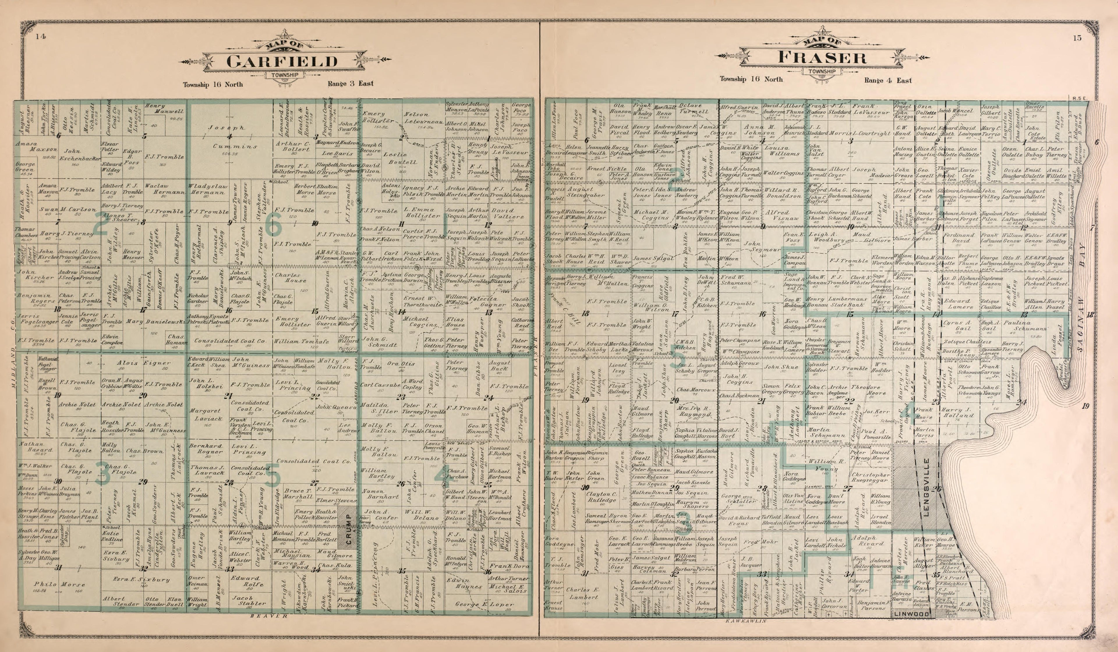 Garfield and Fraser Townships from the County of Bay : State, County, Township, City and Village Maps 1916 by Relic Map Company