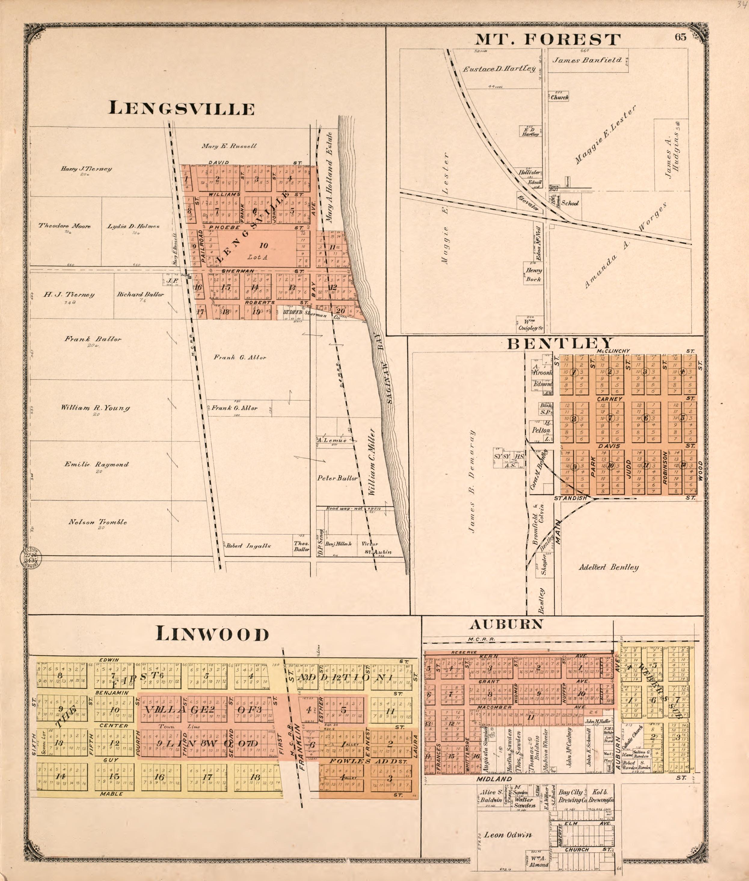 Lengsville, Mt. Forest, Bentley, Linwood and Auburn from the County of Bay : State, County, Township, City and Village Maps 1916 by Relic Map Company