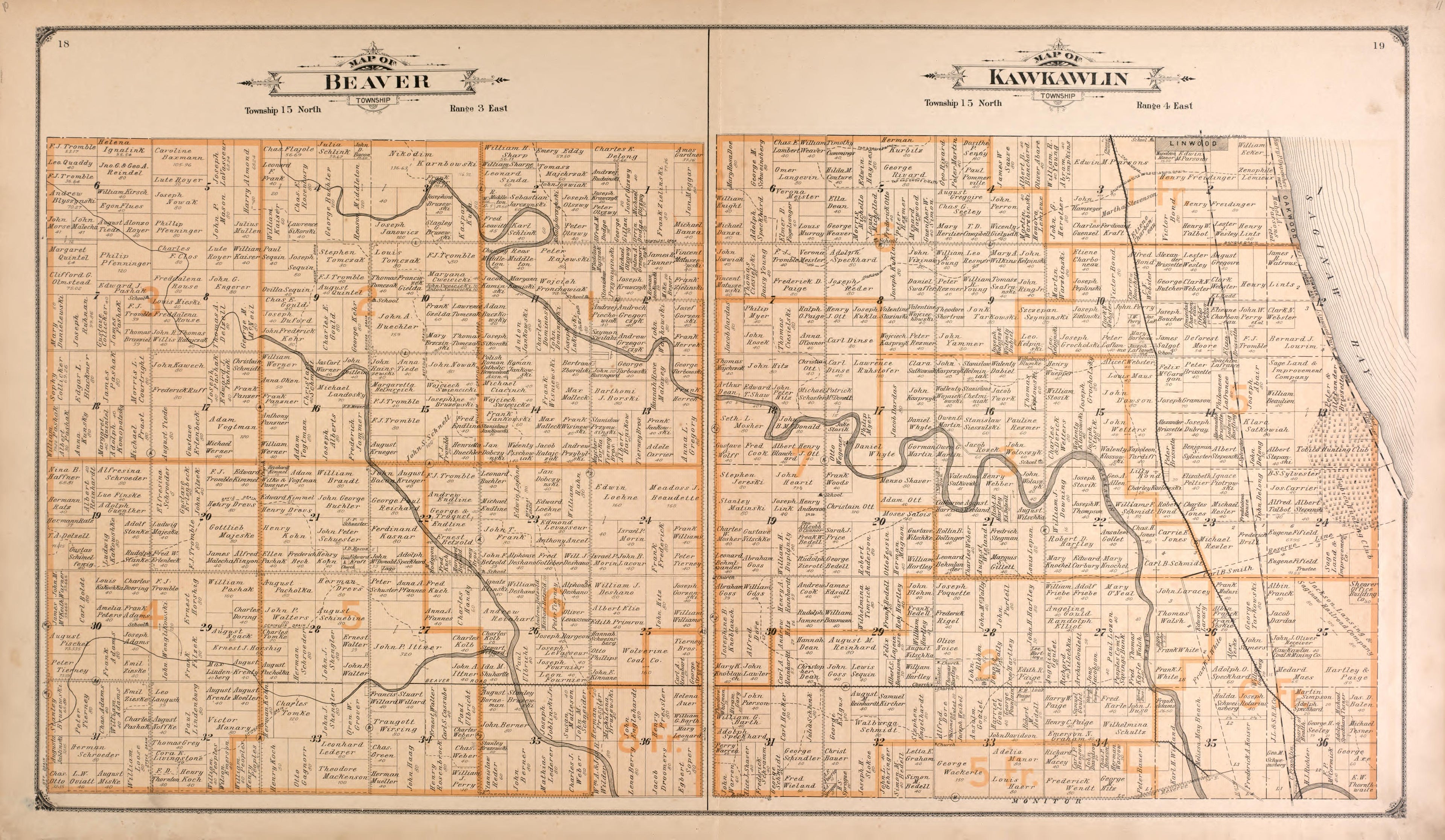 Beaver and Kawkawlin Townships from the County of Bay : State, County, Township, City and Village Maps 1916 by Relic Map Company
