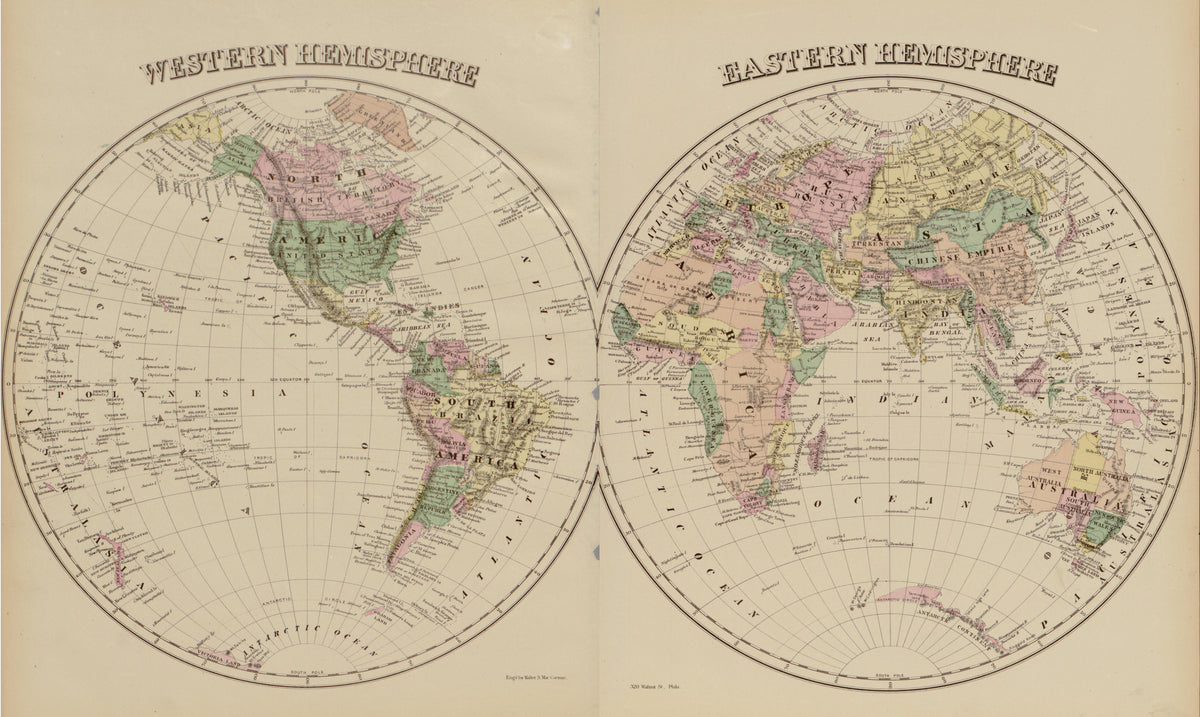 Western Hemisphere; Eastern Hemisphere from Atlas of Fifteen Miles Around Baltimore, Including Anne Arundel County, Maryland 1878 by Relic Map Company