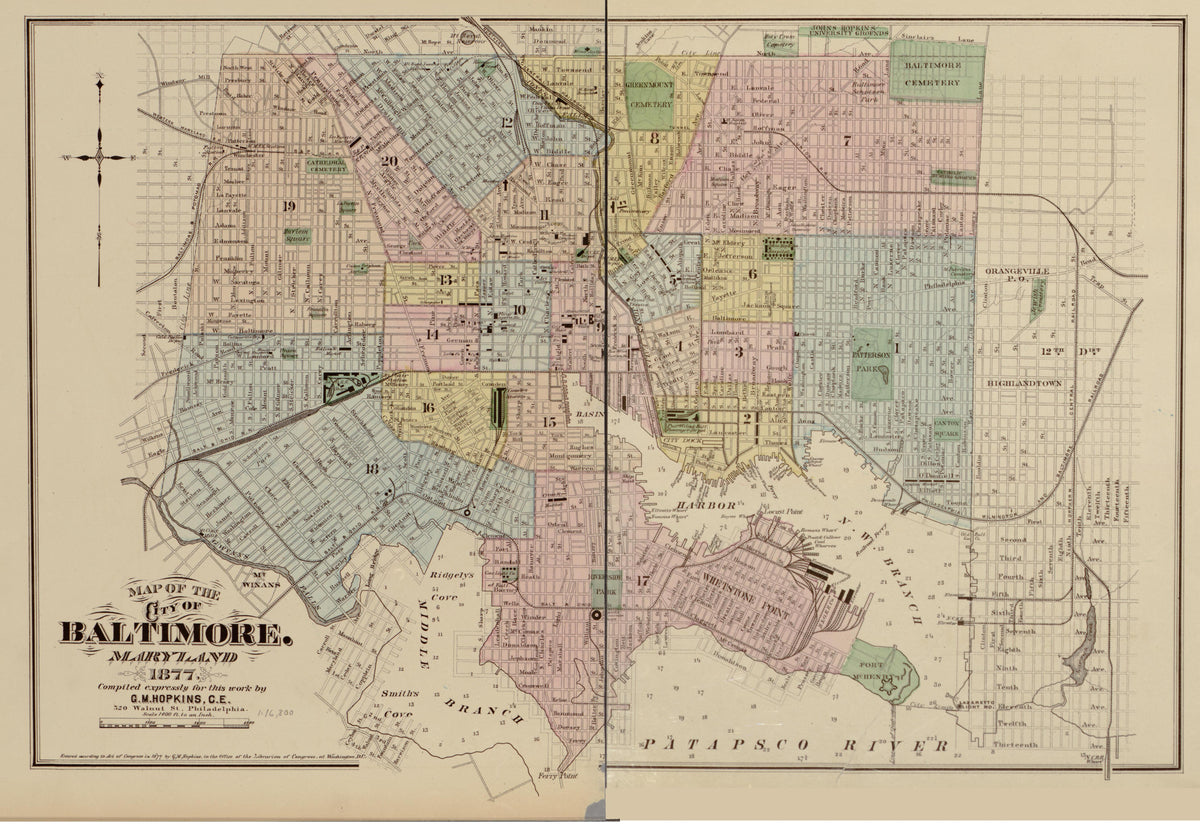 Map of the City of Baltimore, Maryland from Atlas of Fifteen Miles Around Baltimore, Including Anne Arundel County, Maryland 1878 by Relic Map Company