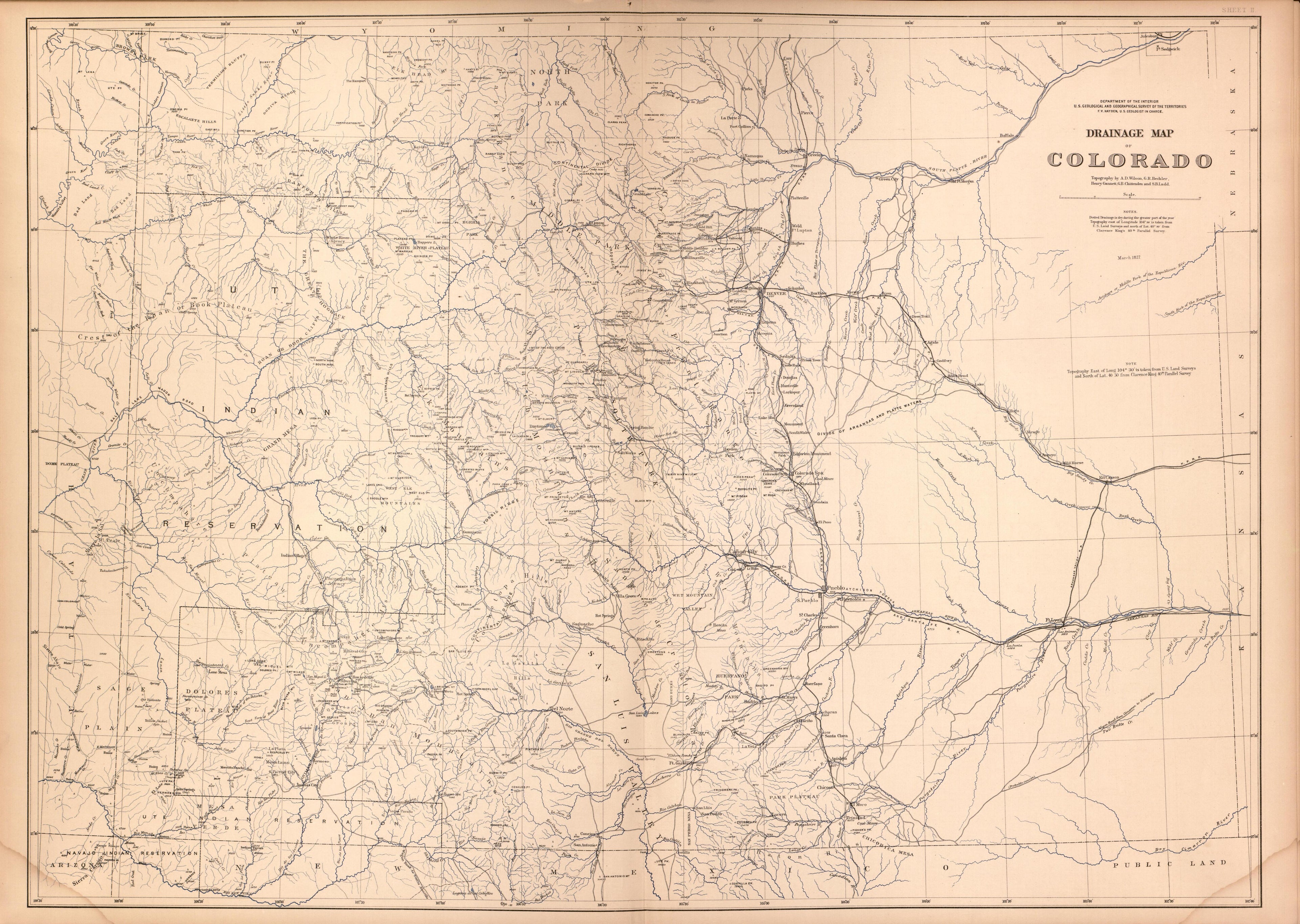 This old map of Colorado, was created by Geological and Geographical Survey of the Territories (U.S.)|Hayden, F. V. (Ferdinand Vandeveer) in 1877