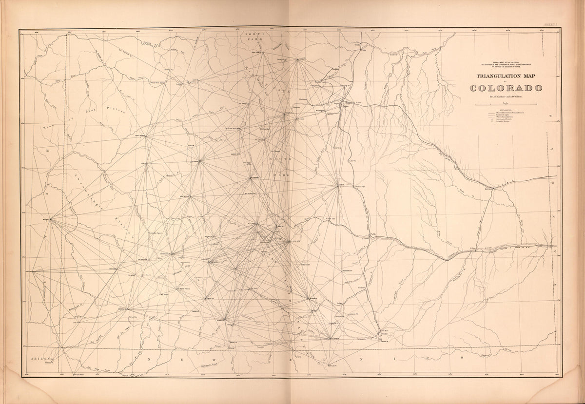 Sheet I: Triangulation Map of Colorado from Geological and Geographical Atlas of Colorado and Portions of Adjacent Territory 1877 by Relic Map Company