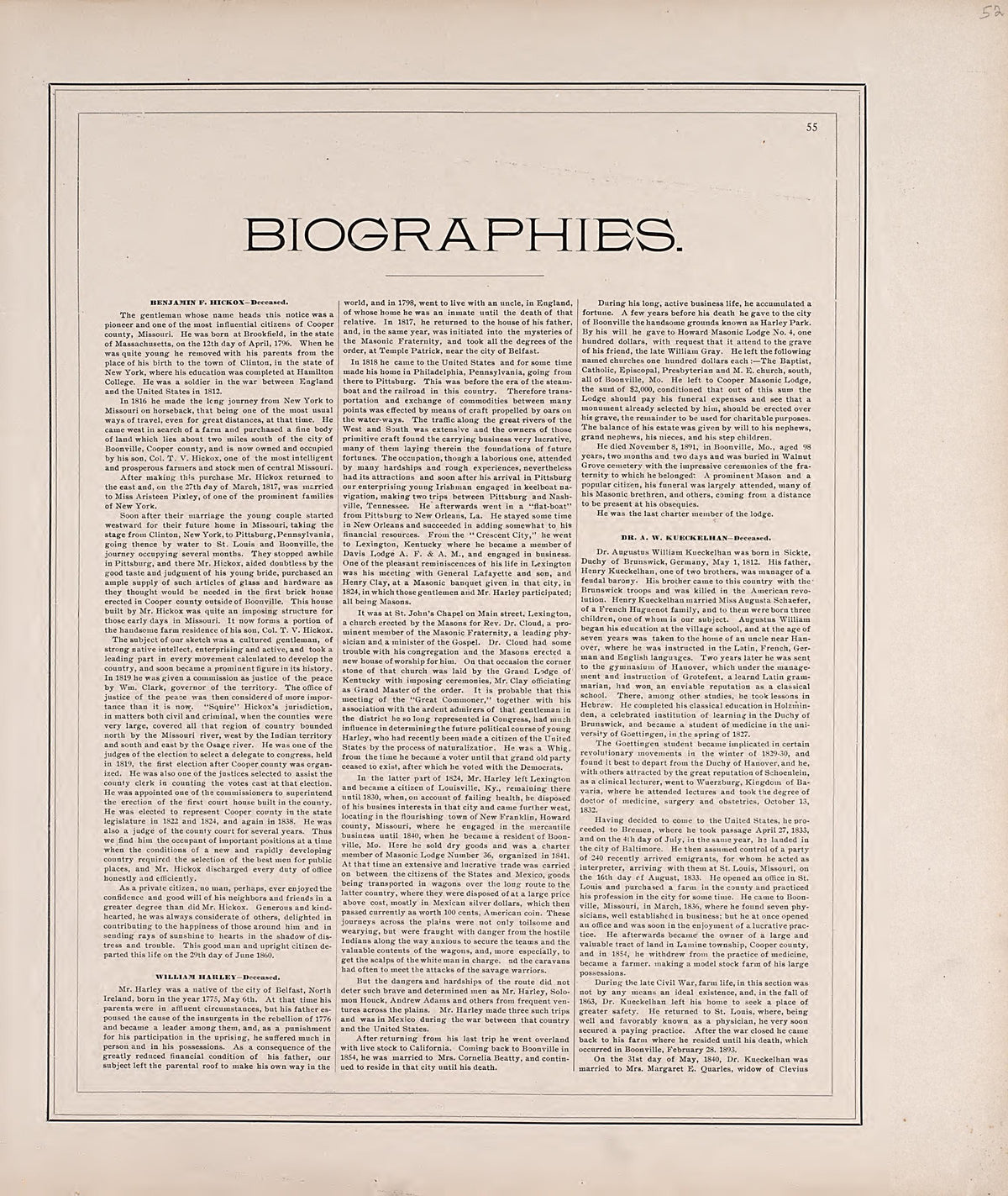 Biographies from Illustrated Historical Atlas of Cooper County, Missouri : Compiled and Published from Official Records and Personal Examination 1897 by Relic Map Company