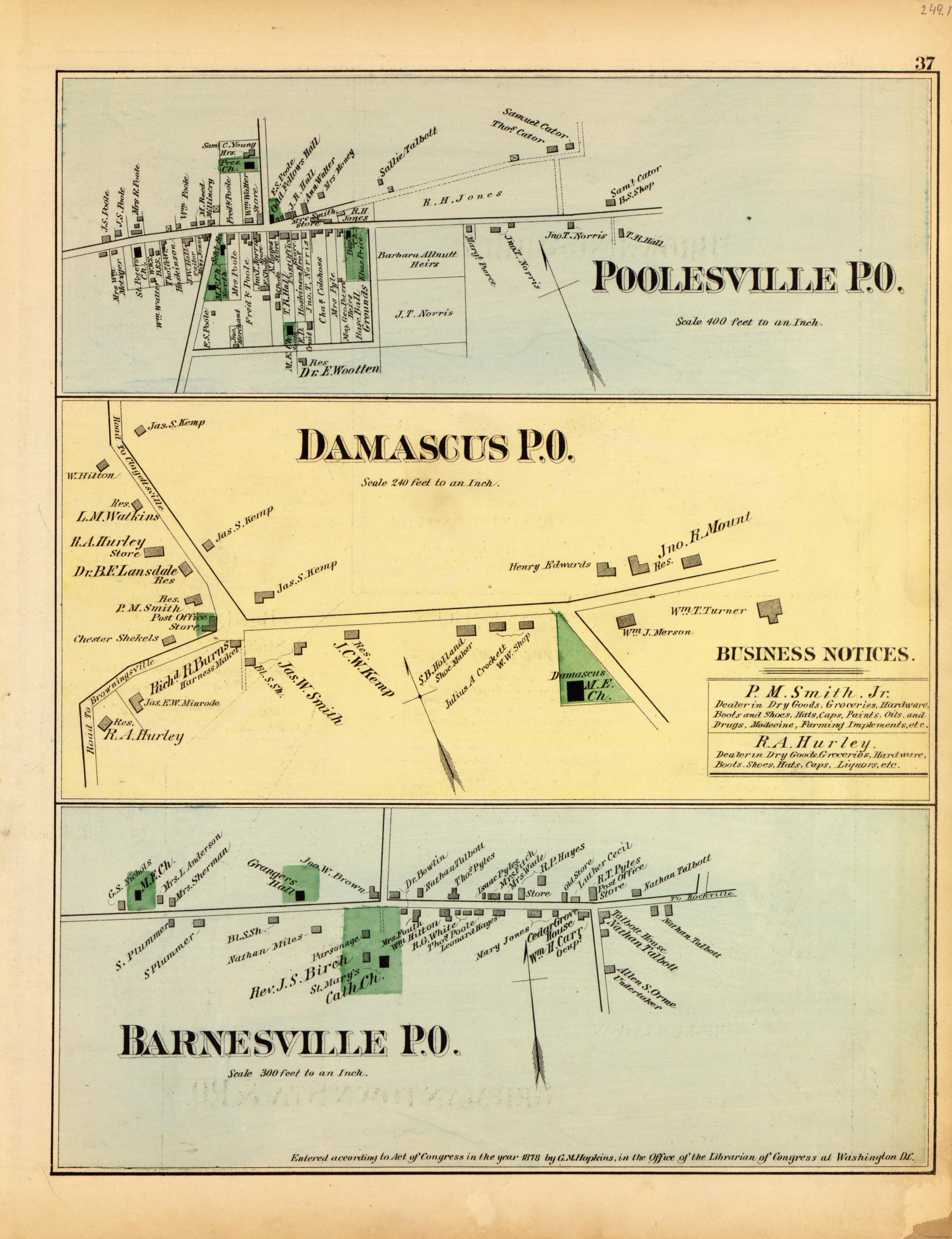 Poolesville P.O., Damascus P.O., Barnesville P.O. from Atlas of Fifteen Miles Around Washington, Including the County of Montgomery, Maryland 1879 by Relic Map Company