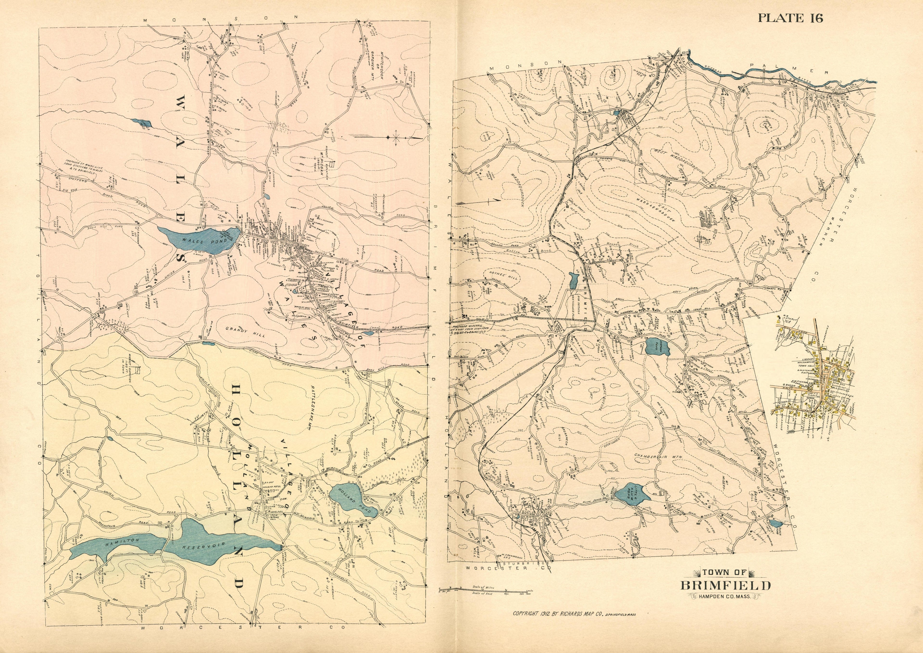 Plate 16: Town of Brimfield from Richards Standard Atlas of Hampden County, Massachusetts : Based Upon, and Carefully Compiled From, the Official Plans, Surveys and Records of the City Engineers, Assessors and Other Municipal Departments, Together Wit... by Relic Map Company