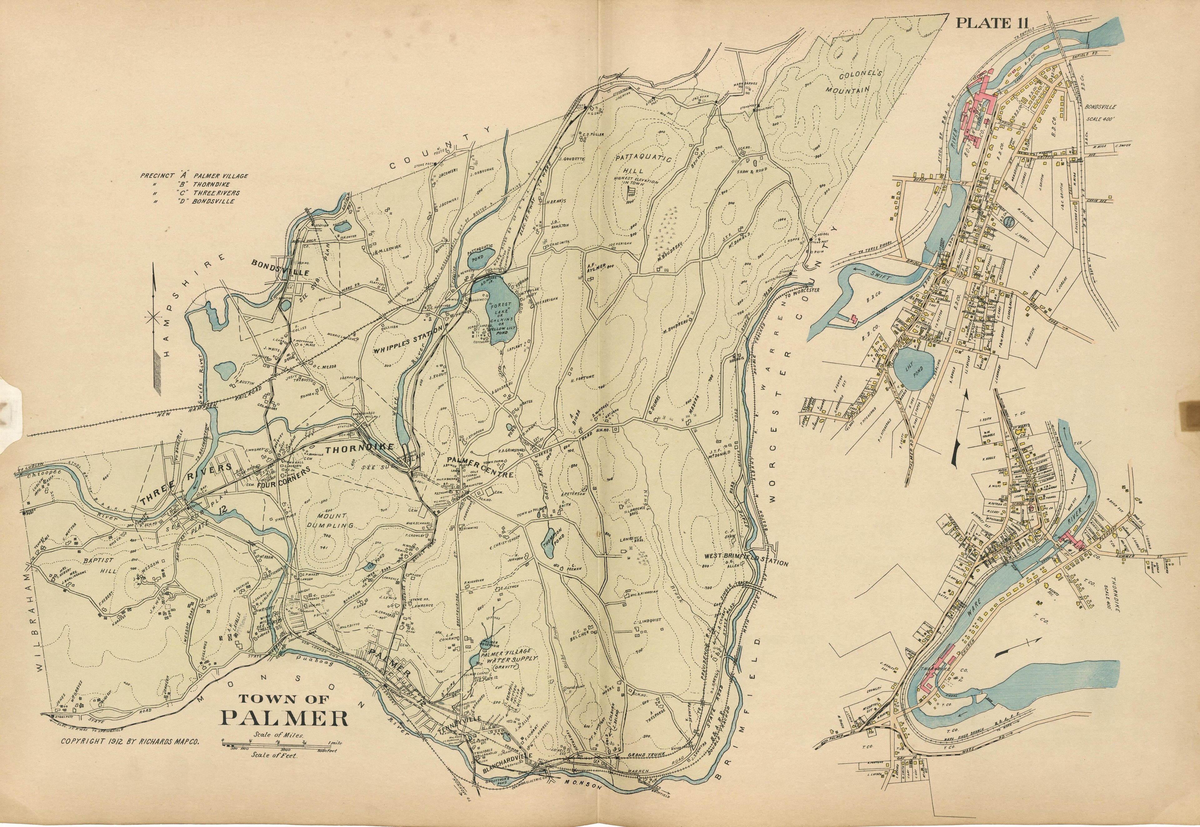 Plate 11: Town of Palmer from Richards Standard Atlas of Hampden County, Massachusetts : Based Upon, and Carefully Compiled From, the Official Plans, Surveys and Records of the City Engineers, Assessors and Other Municipal Departments, Together With P... by Relic Map Company