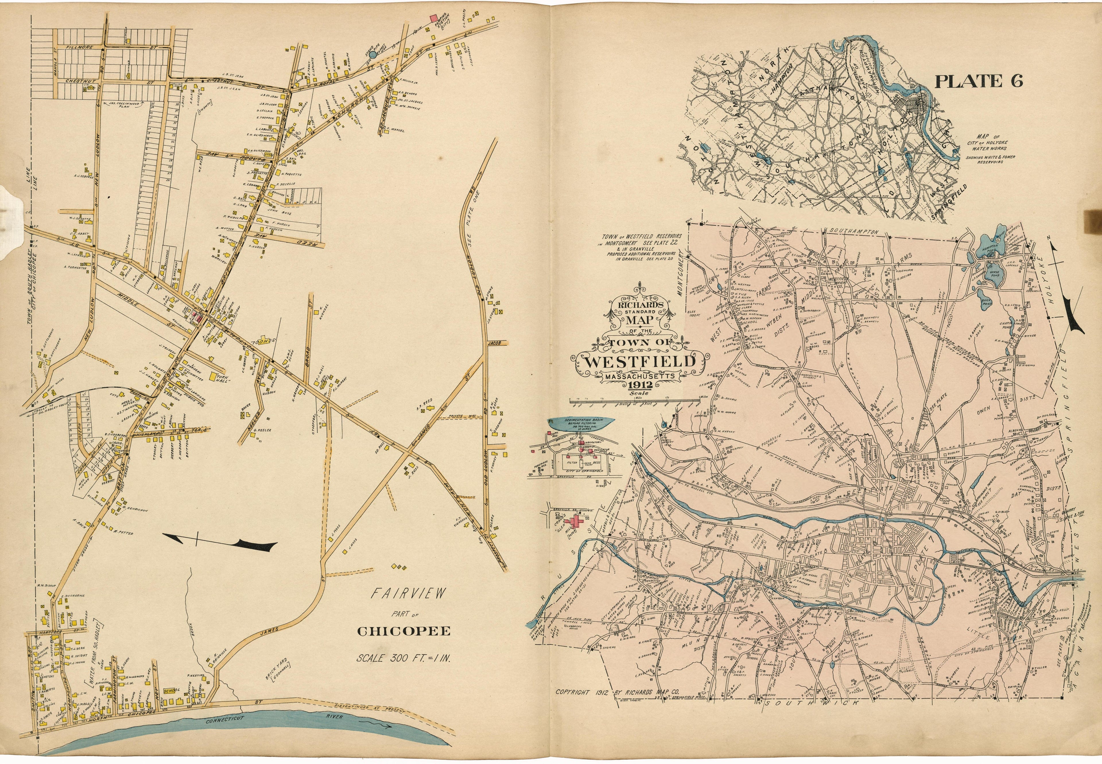 Plate 6: Fairview Part of Chicopee; City of Holyoke Water Works; Westfield from Richards Standard Atlas of Hampden County, Massachusetts : Based Upon, and Carefully Compiled From, the Official Plans, Surveys and Records of the City Engineers, Assessor... by Relic Map Company