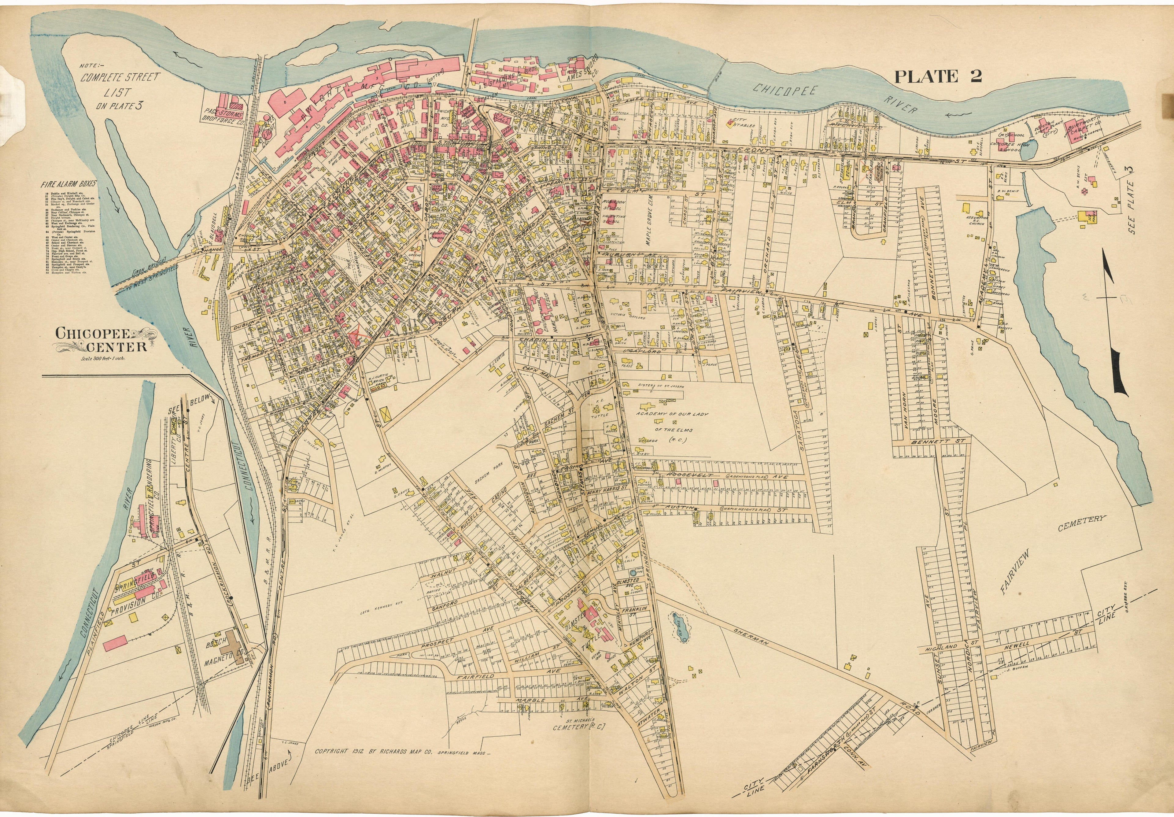 Plate 2: Chicopee Center from Richards Standard Atlas of Hampden County, Massachusetts : Based Upon, and Carefully Compiled From, the Official Plans, Surveys and Records of the City Engineers, Assessors and Other Municipal Departments, Together With P... by Relic Map Company