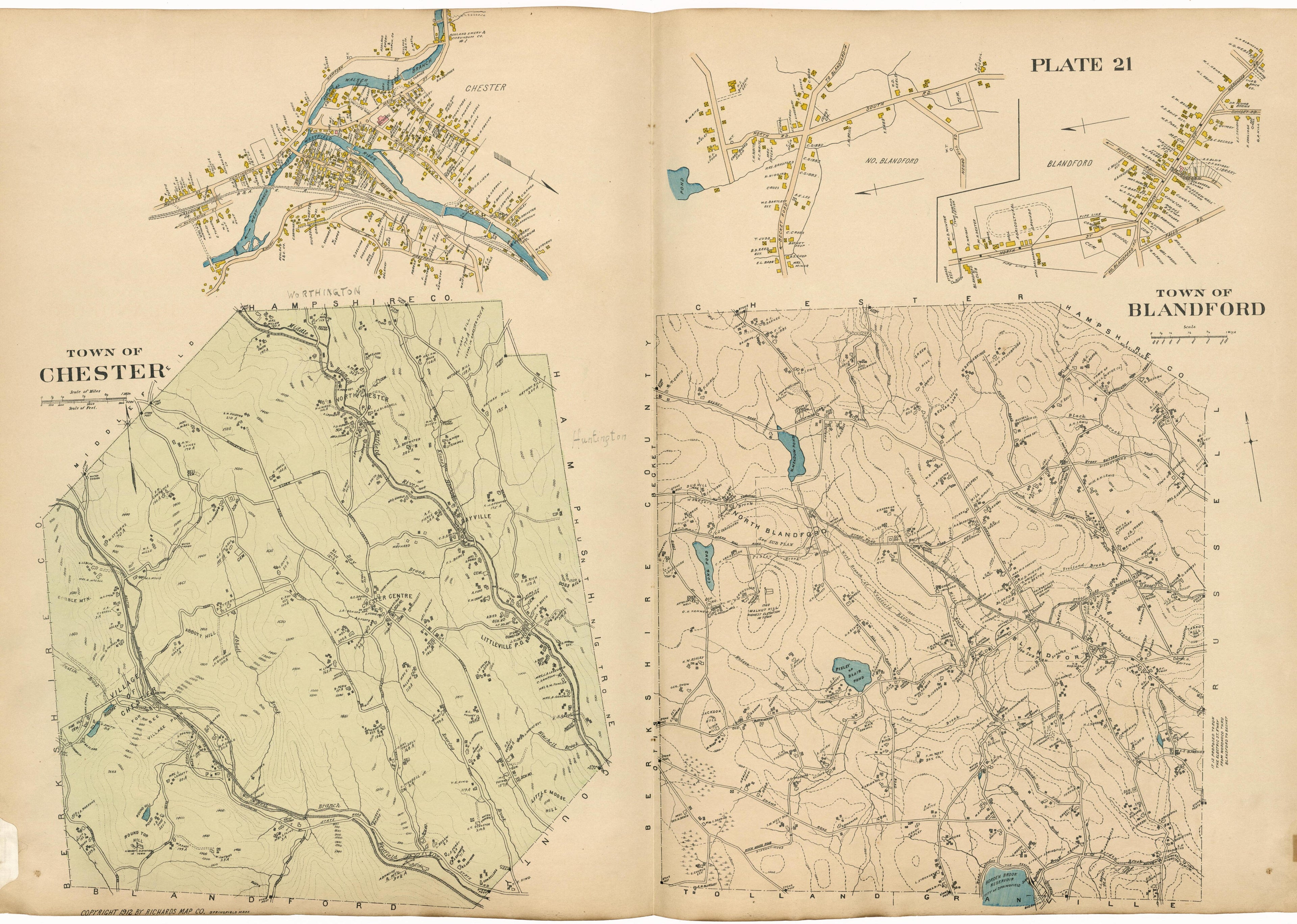 Plate 21: Town of Chester; Town of Blandford from Richards Standard Atlas of Hampden County, Massachusetts : Based Upon, and Carefully Compiled From, the Official Plans, Surveys and Records of the City Engineers, Assessors and Other Municipal Departme... by Relic Map Company