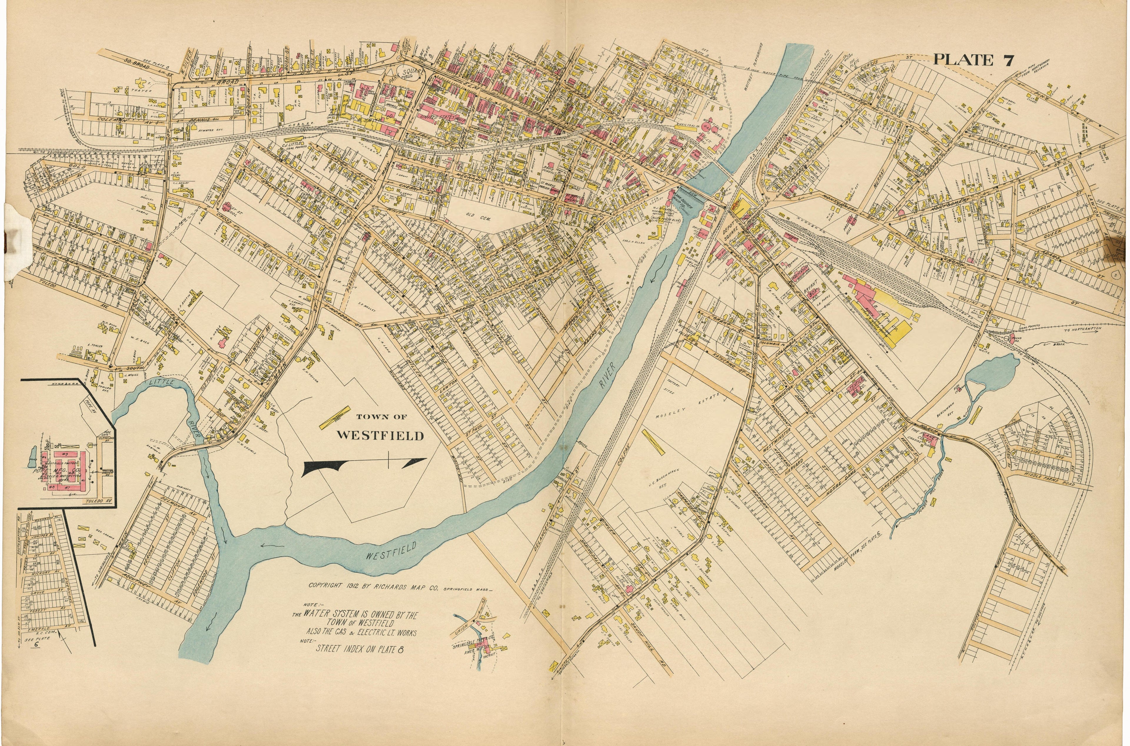 Plate 7: Town of Westfield from Richards Standard Atlas of Hampden County, Massachusetts : Based Upon, and Carefully Compiled From, the Official Plans, Surveys and Records of the City Engineers, Assessors and Other Municipal Departments, Together With... by Relic Map Company