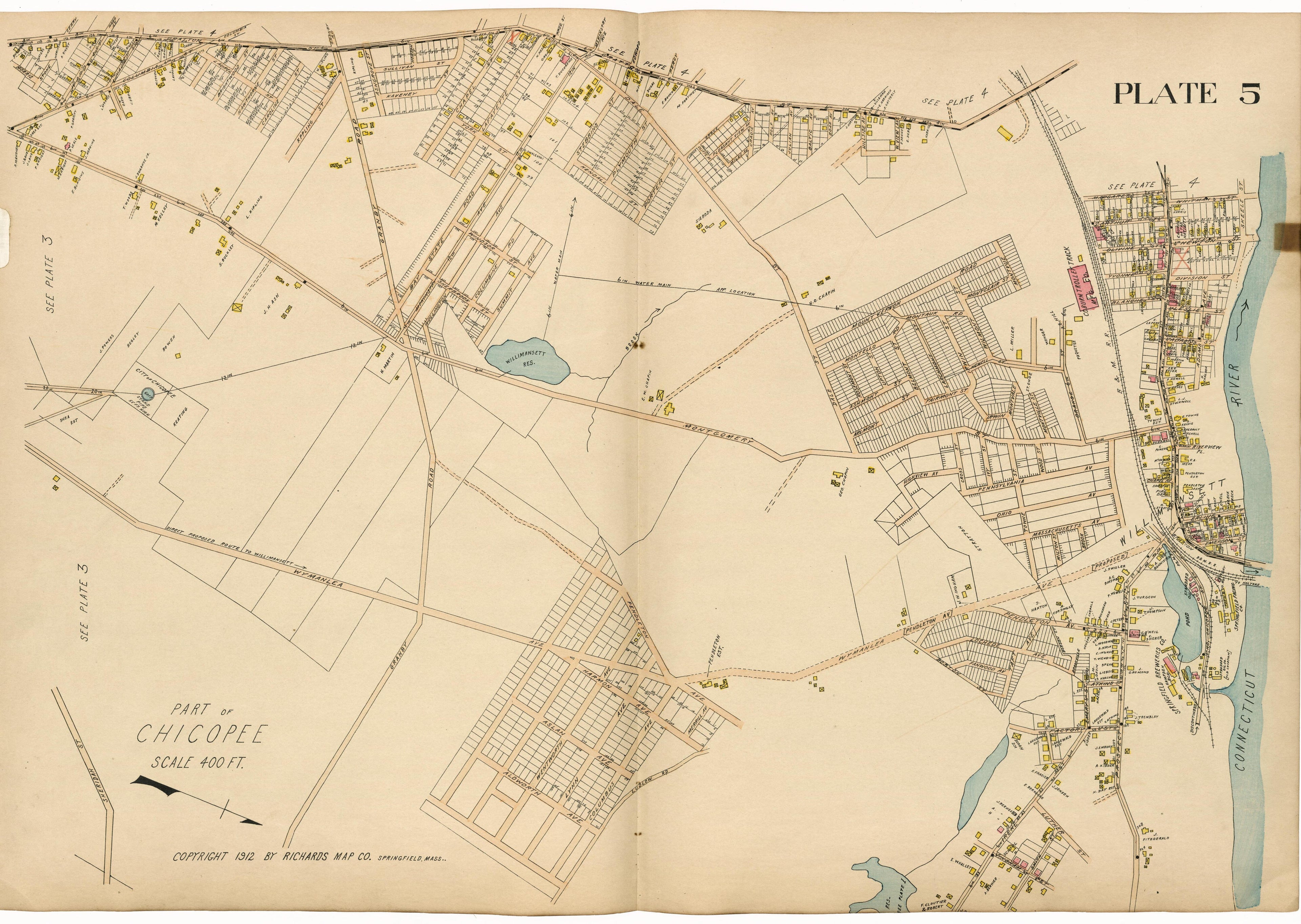 Plate 5: Part of Chicopee from Richards Standard Atlas of Hampden County, Massachusetts : Based Upon, and Carefully Compiled From, the Official Plans, Surveys and Records of the City Engineers, Assessors and Other Municipal Departments, Together With ... by Relic Map Company