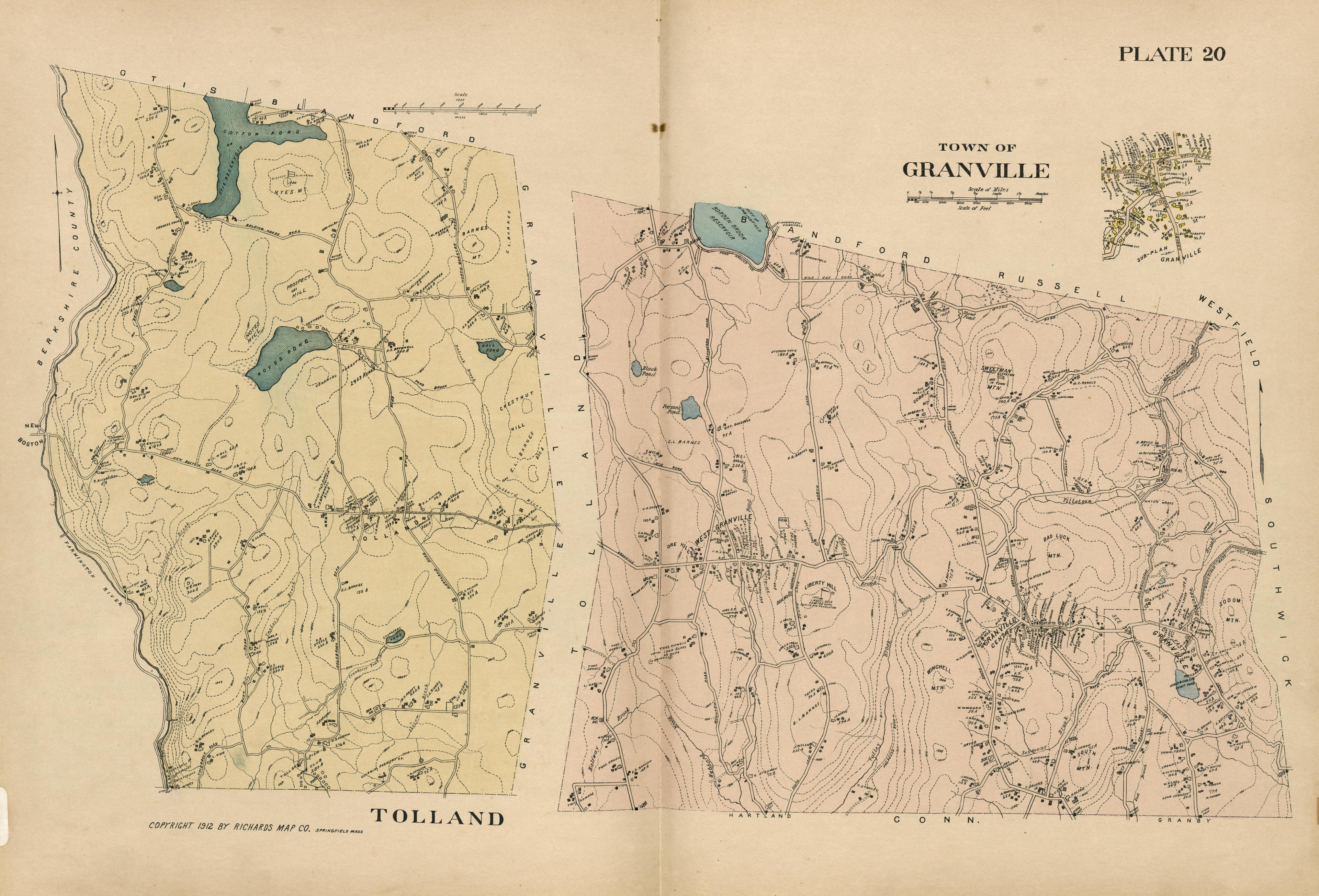 Plate 20: Tolland; Town of Granville from Richards Standard Atlas of Hampden County, Massachusetts : Based Upon, and Carefully Compiled From, the Official Plans, Surveys and Records of the City Engineers, Assessors and Other Municipal Departments, Tog... by Relic Map Company