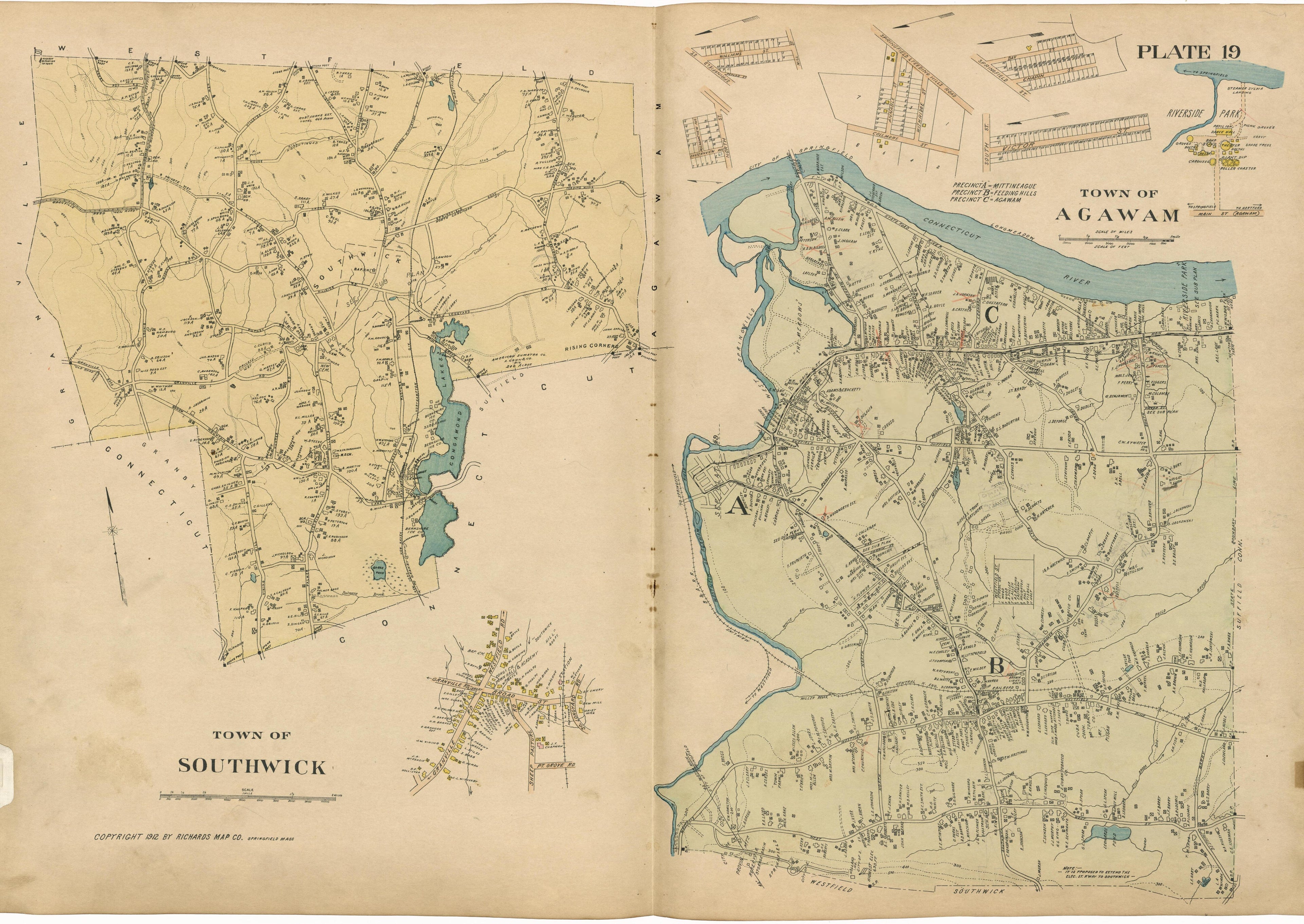 Plate 19: Town of Southwick; Town of Agawam from Richards Standard Atlas of Hampden County, Massachusetts : Based Upon, and Carefully Compiled From, the Official Plans, Surveys and Records of the City Engineers, Assessors and Other Municipal Departmen... by Relic Map Company