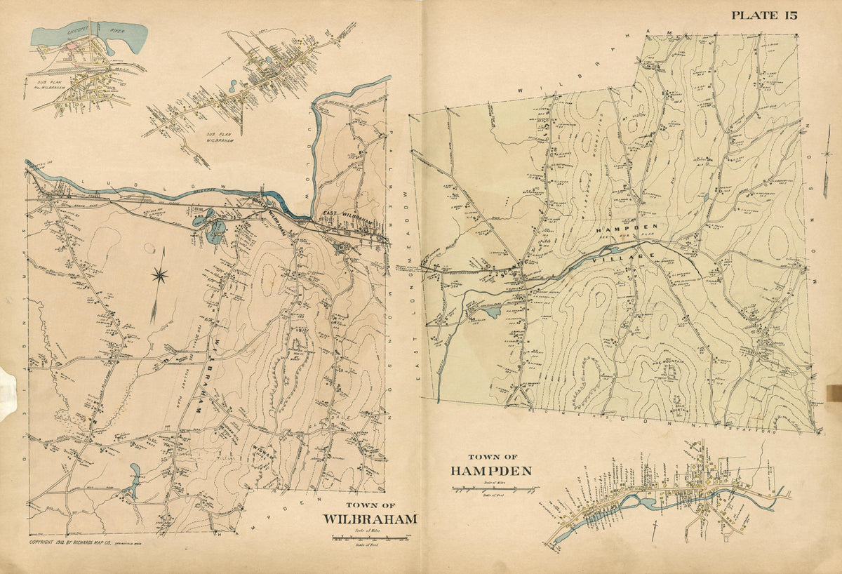 Plate 15: Town of Wilbraham; Town of Hampden; from Richards Standard Atlas of Hampden County, Massachusetts : Based Upon, and Carefully Compiled From, the Official Plans, Surveys and Records of the City Engineers, Assessors and Other Municipal Departm... by Relic Map Company