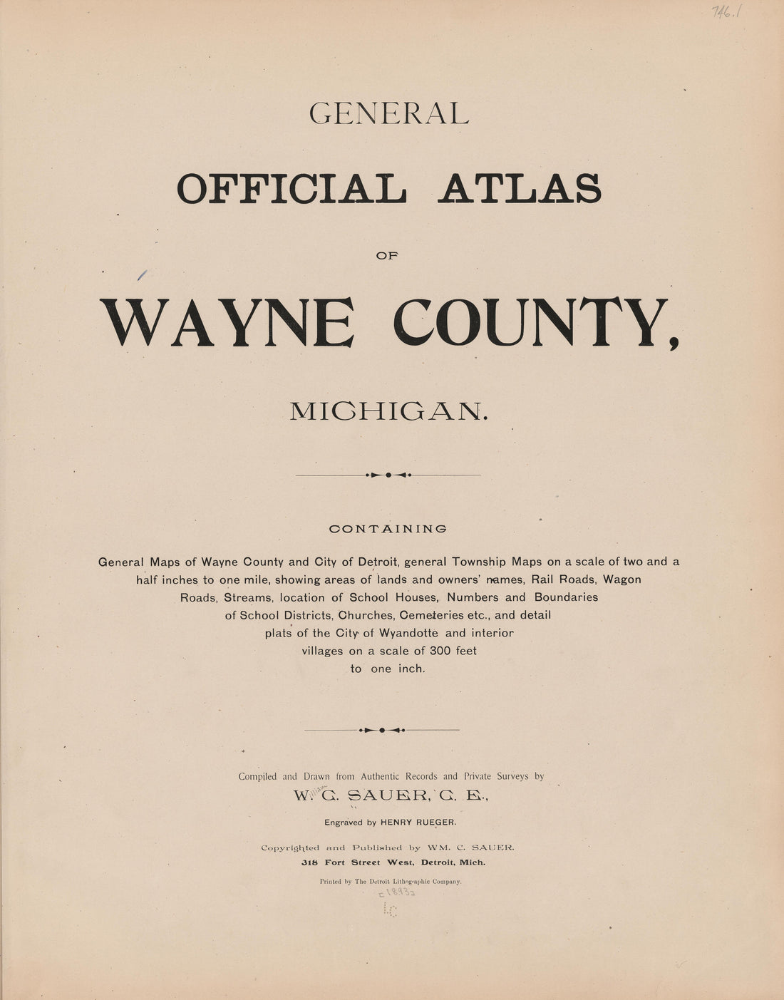 This old map of Michigan, , Wayne County was created by Sauer, Wm. C. in 1893