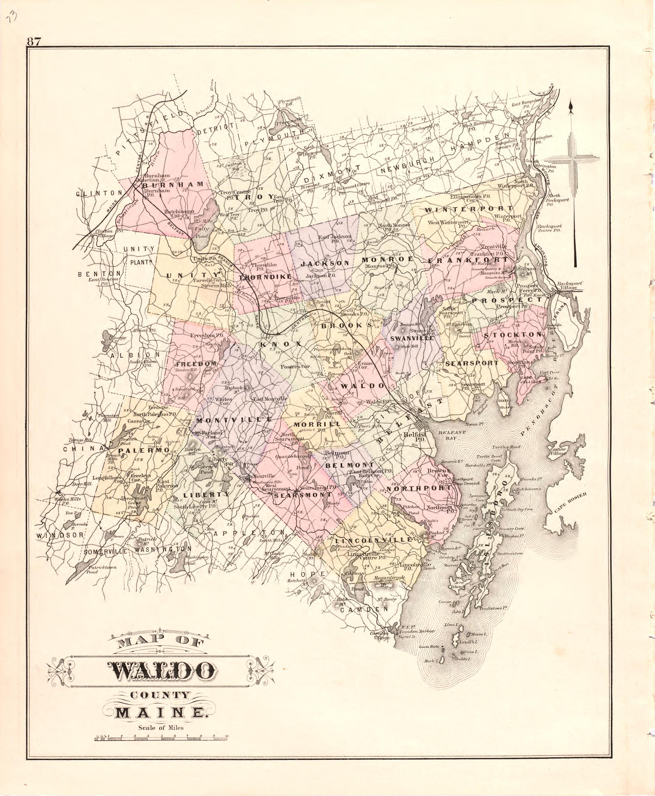 This old map of Maine, was created by Bourquin, F. (Frederick)|Bracher, Wm. (William)|Colby & Stuart|George N. Colby & Co in 1887