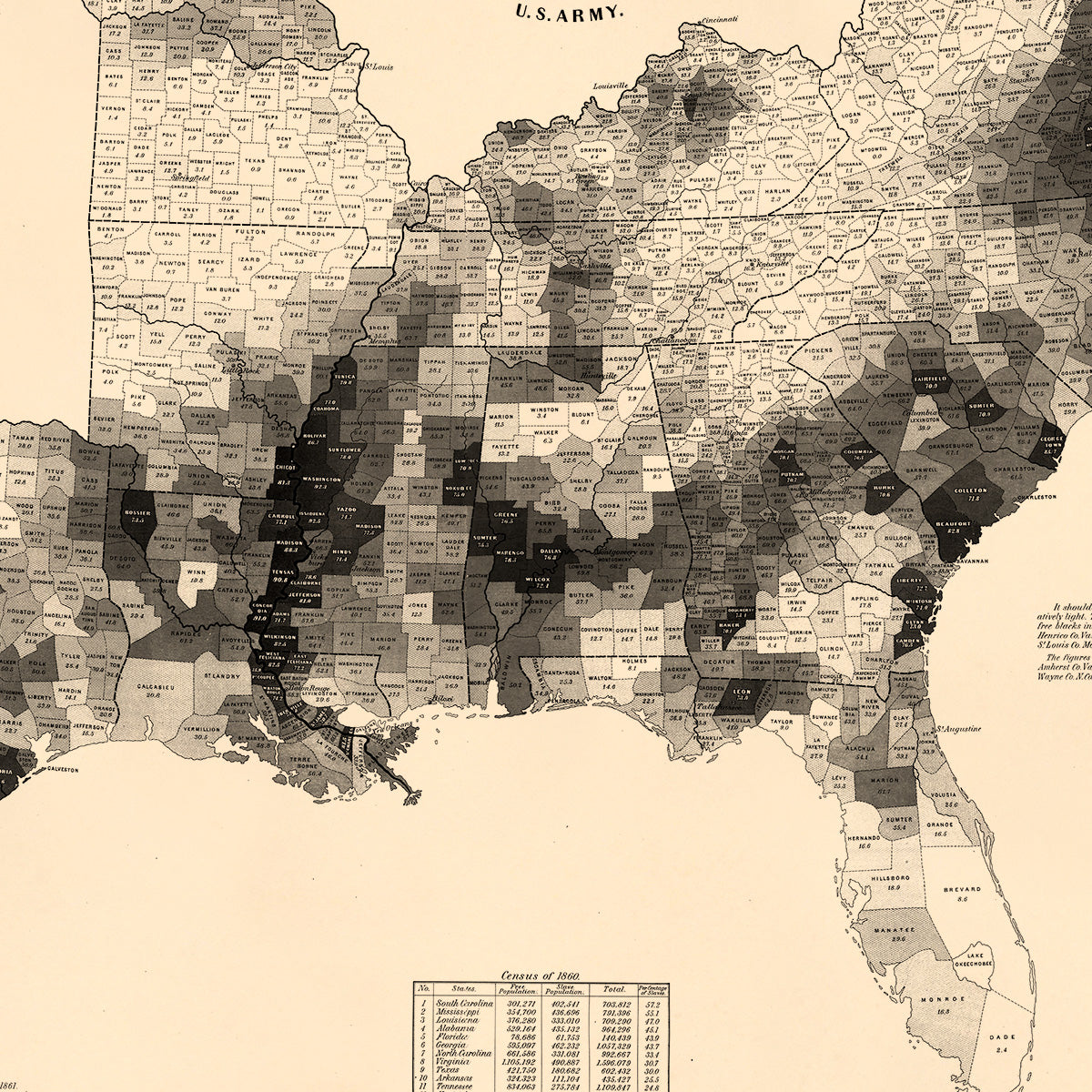 Map Showing the Distribution of the Slave Population of the Southern States of the United States. Compiled from the Census of 1860 1861