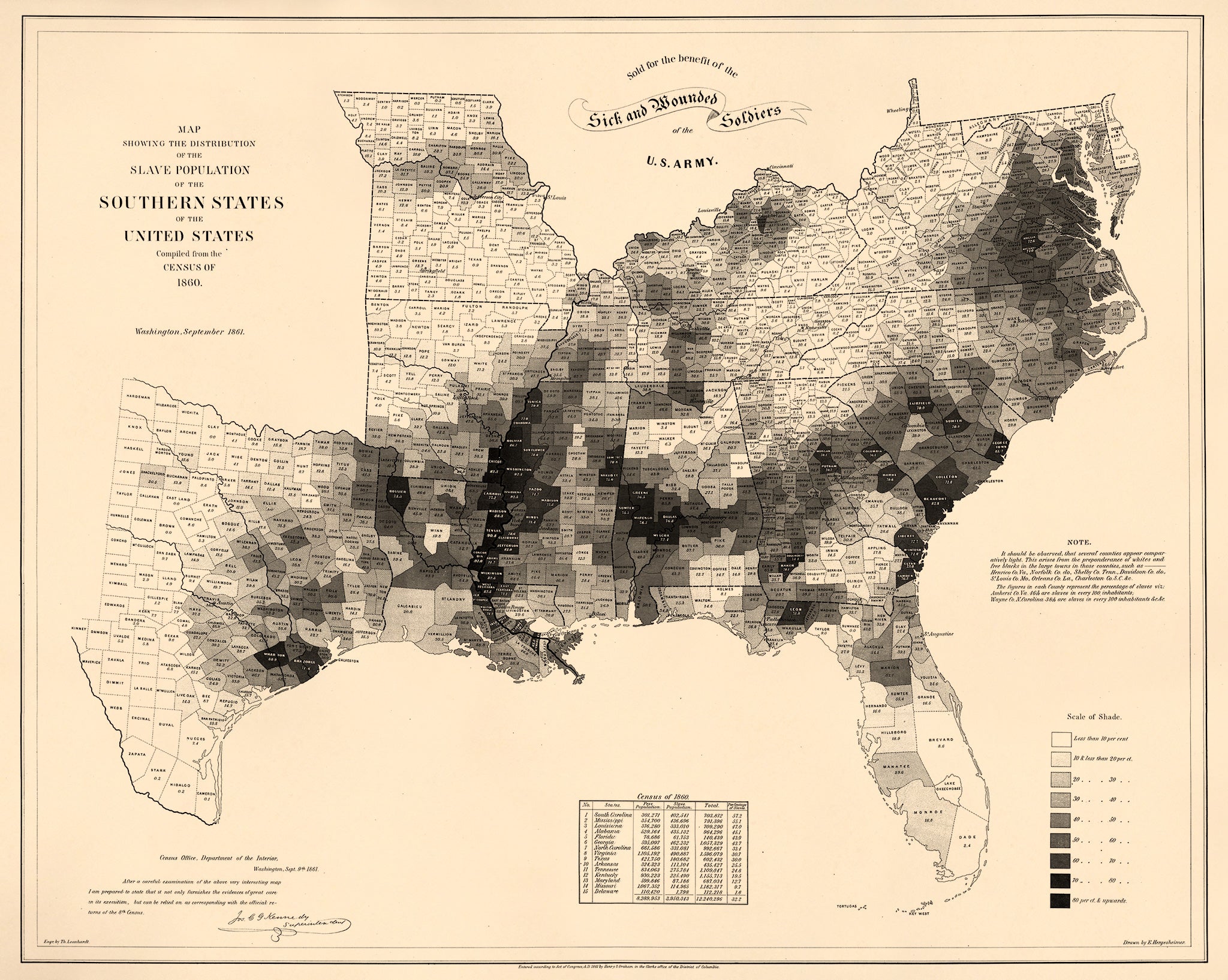 Map Showing the Distribution of the Slave Population of the Southern States of the United States. Compiled from the Census of 1860 1861